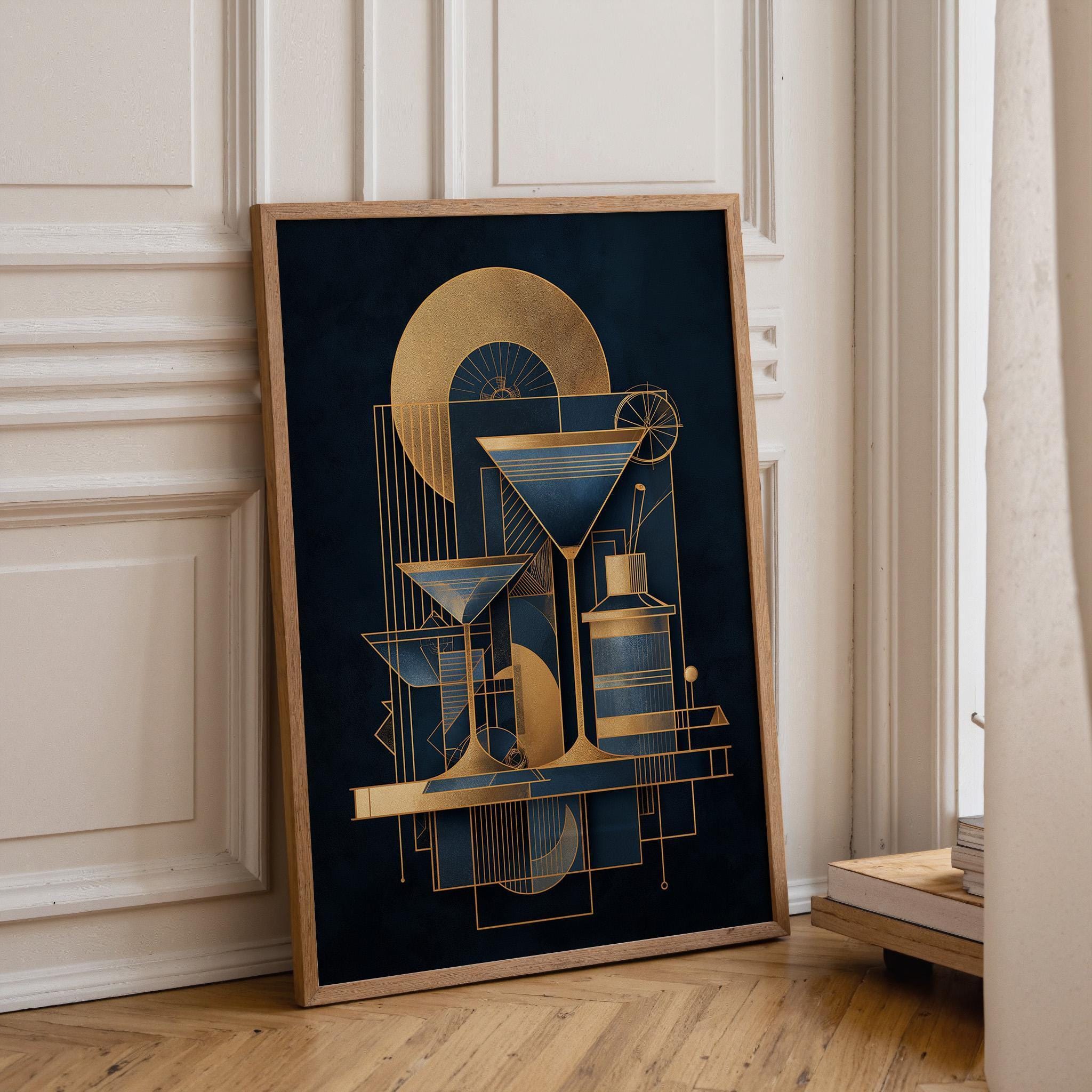 Blue and Gold Art Deco Minimalist Martini Cocktail Wall Art by The Wall Art Studio