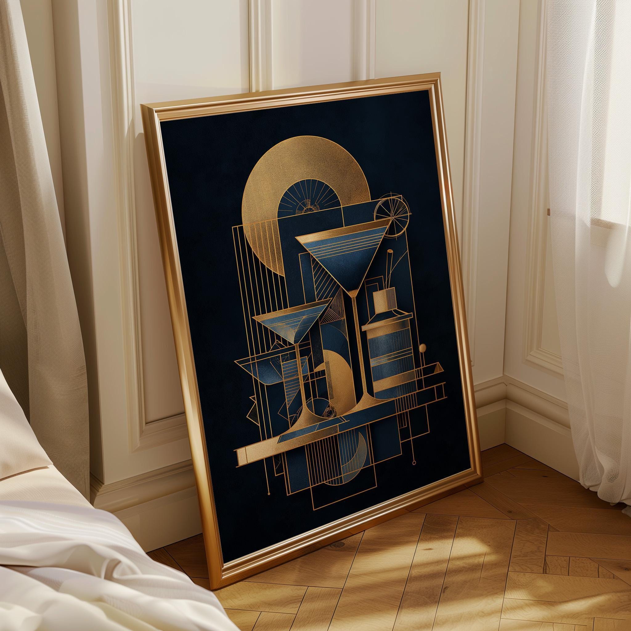 Blue and Gold Art Deco Minimalist Martini Cocktail Wall Art by The Wall Art Studio