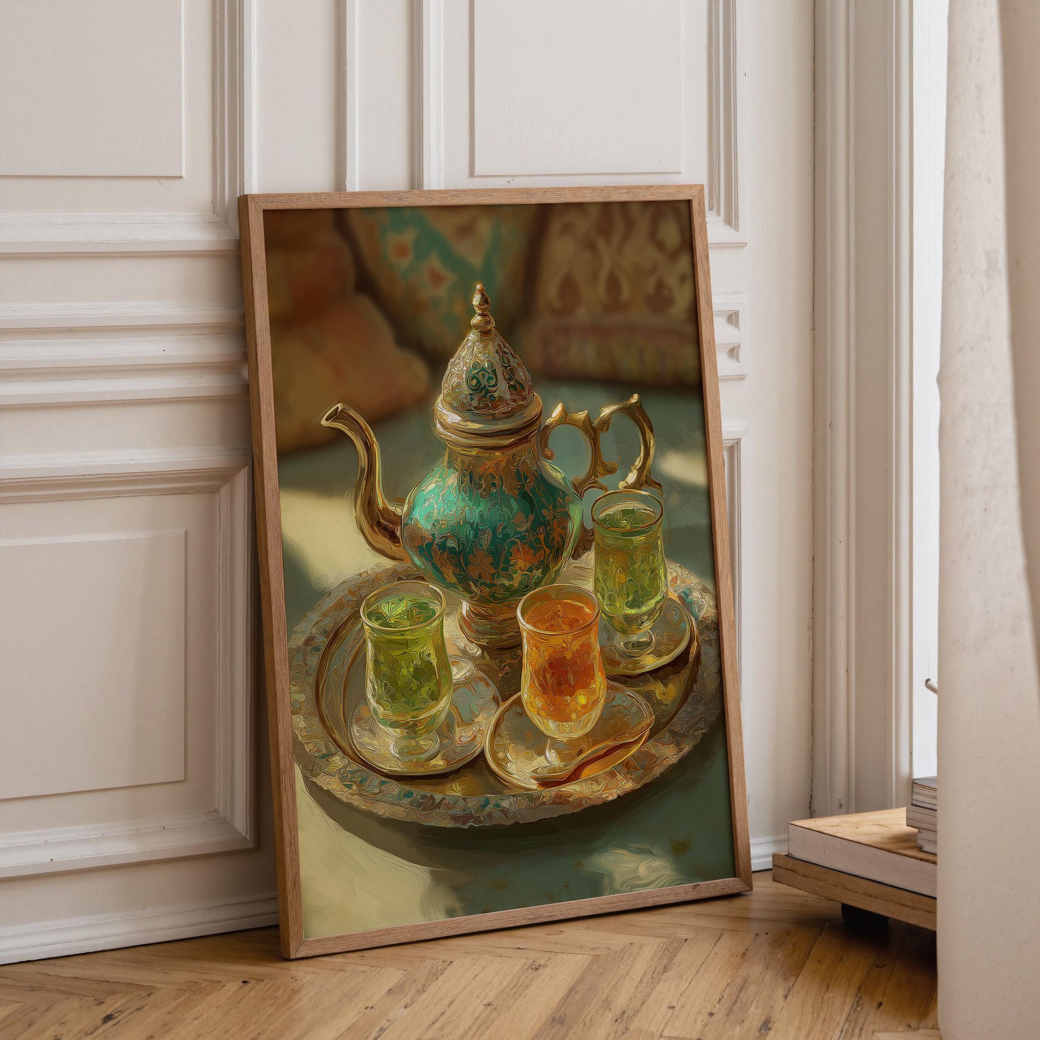 Moroccan Mint Tea Set Still Life Boho Kitchen Wall Art by The Wall Art Studio
