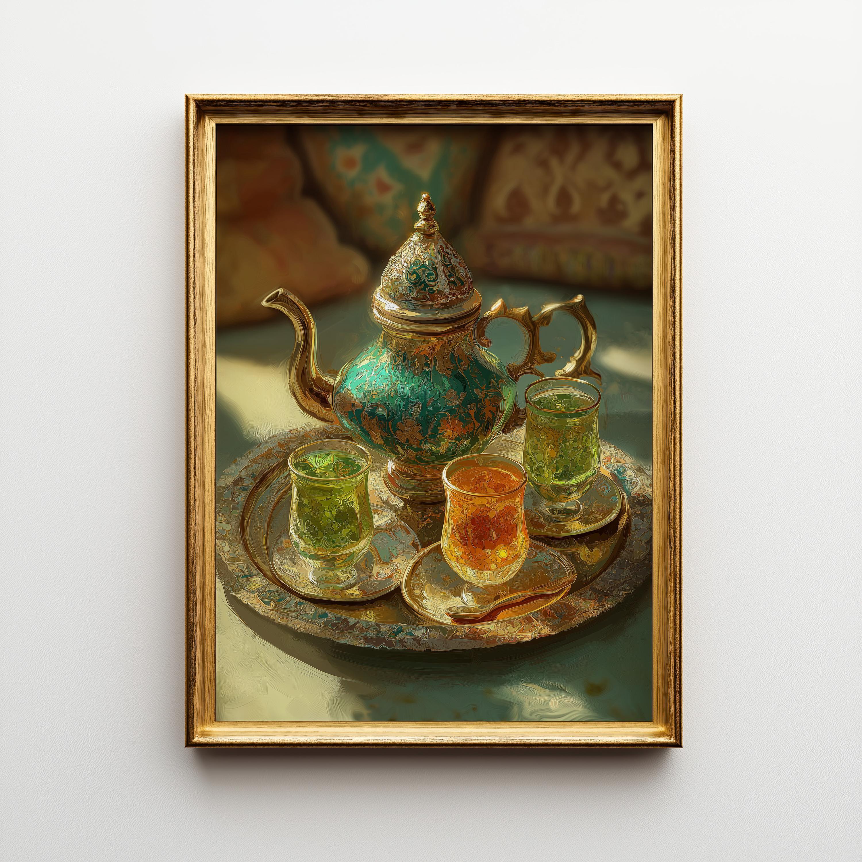 Moroccan Mint Tea Set Still Life Boho Kitchen Wall Art by The Wall Art Studio