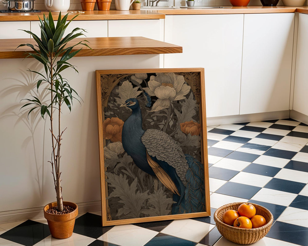 Art Nouveau Peacock Botanical Blue and Gold Wall Art by The Wall Art Studio