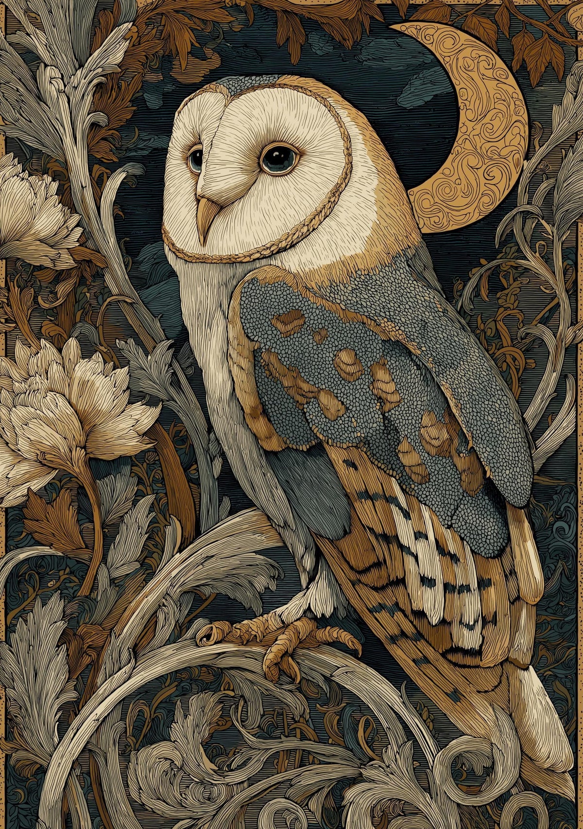 Art Nouveau Barn Owl Botanical William Morris Style Wall Art