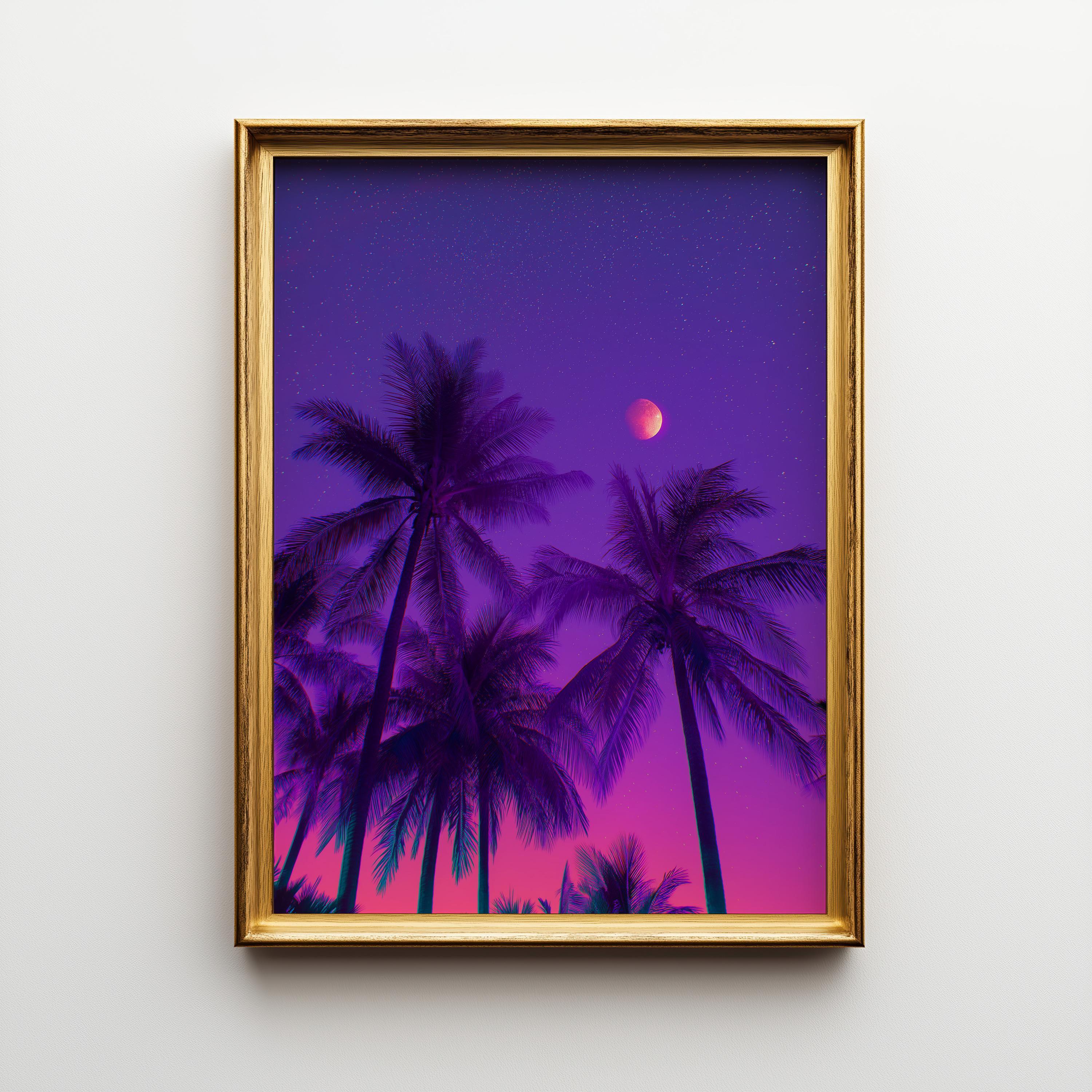 Vaporwave Palm Tree Neon Tropical Night Scene Wall Art by The Wall Art Studio