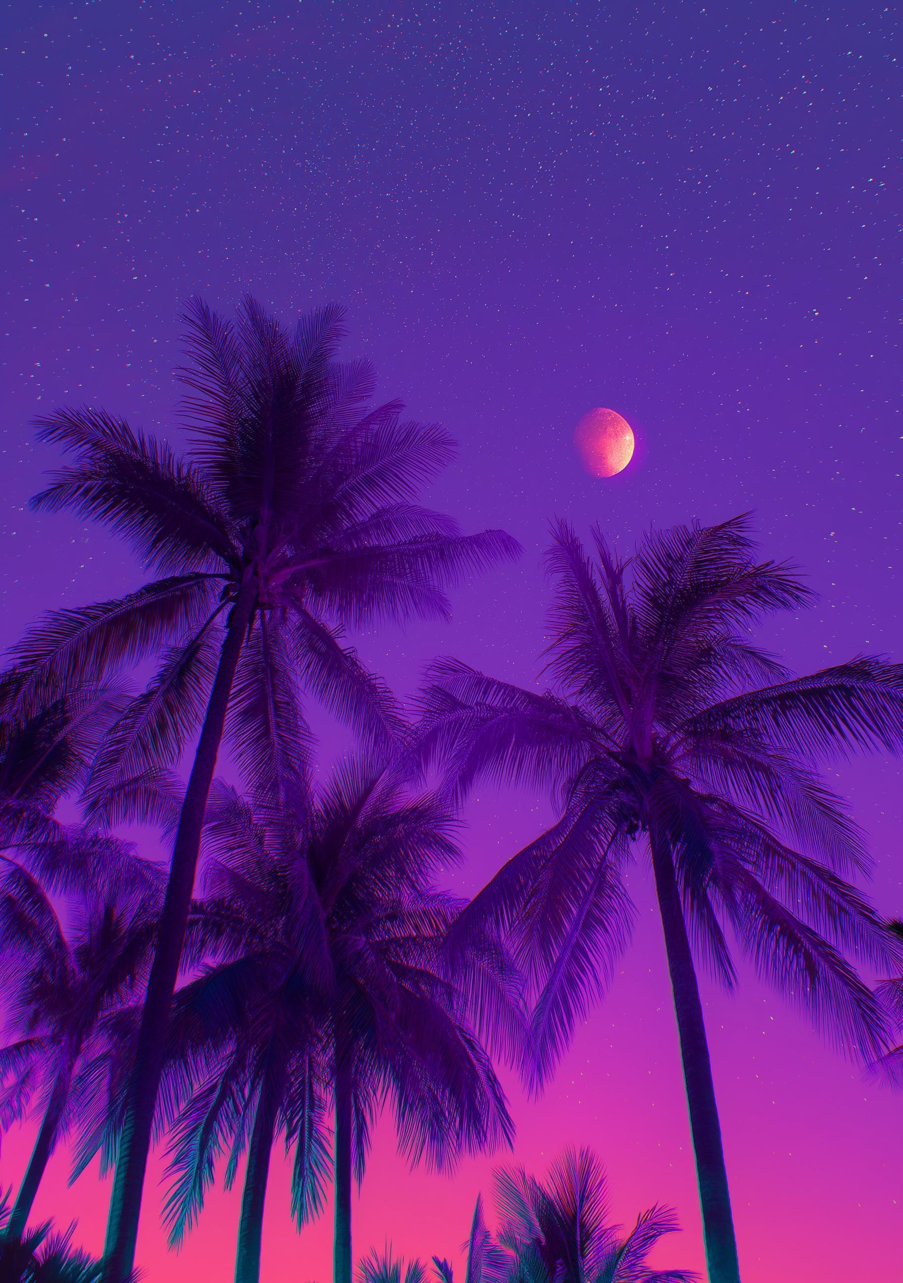 Vaporwave Palm Tree Neon Tropical Night Scene Wall Art by The Wall Art Studio