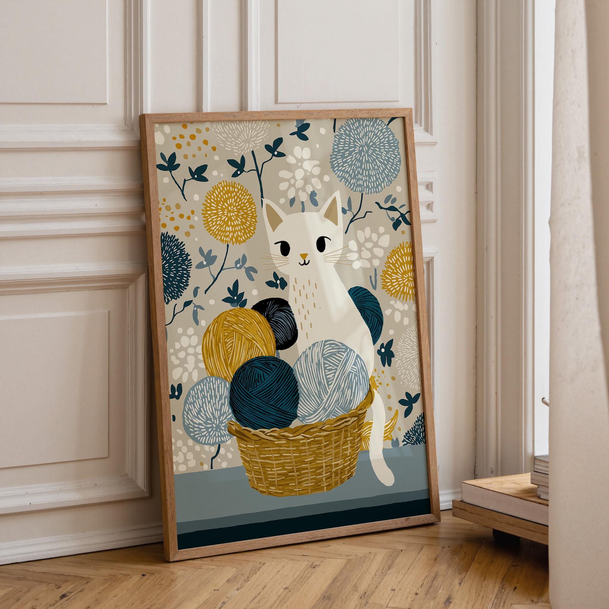 Cat Yarn Basket Knitting Cat Cozy Nursery Wall Art by The Wall Art Studio
