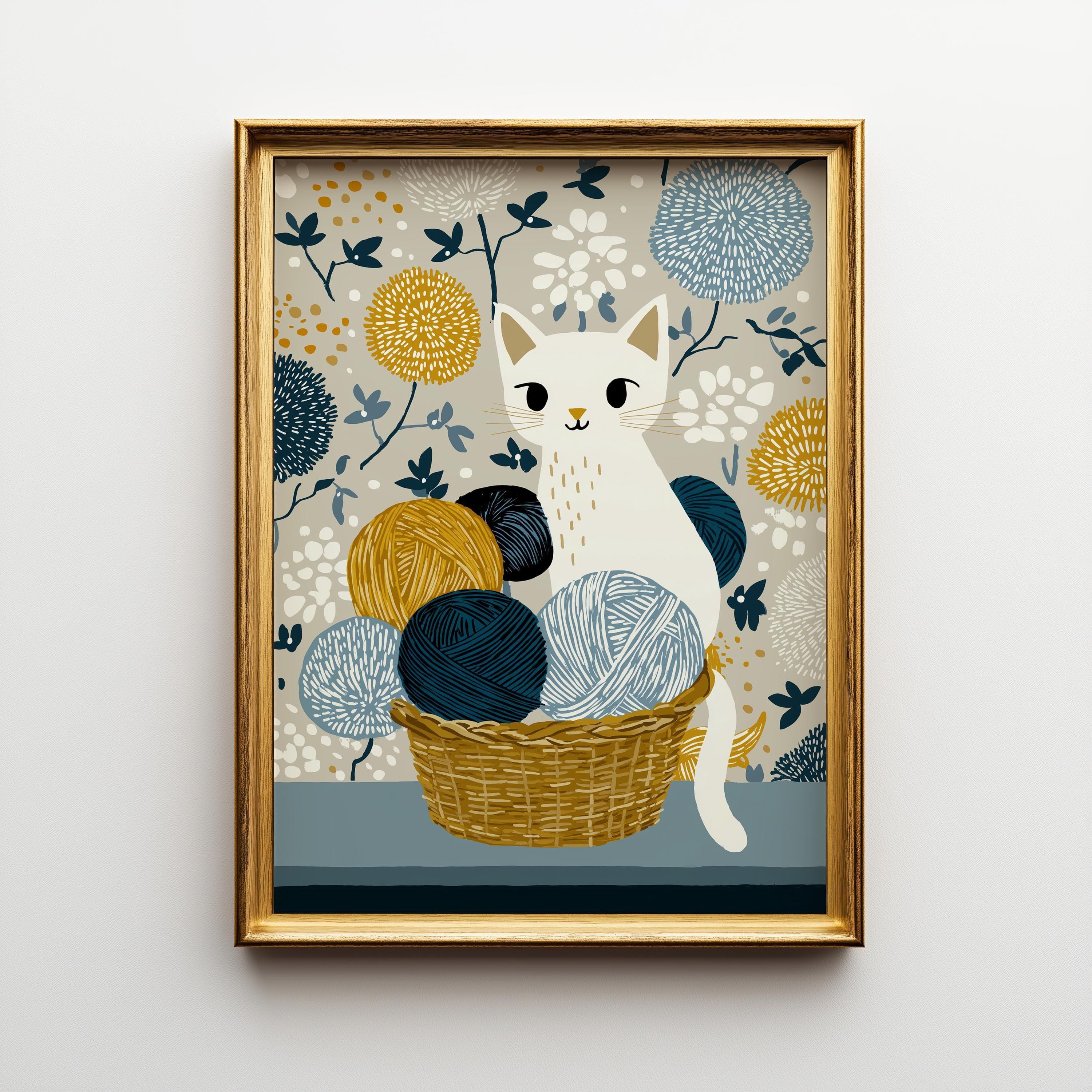 Cat Yarn Basket Knitting Cat Cozy Nursery Wall Art by The Wall Art Studio