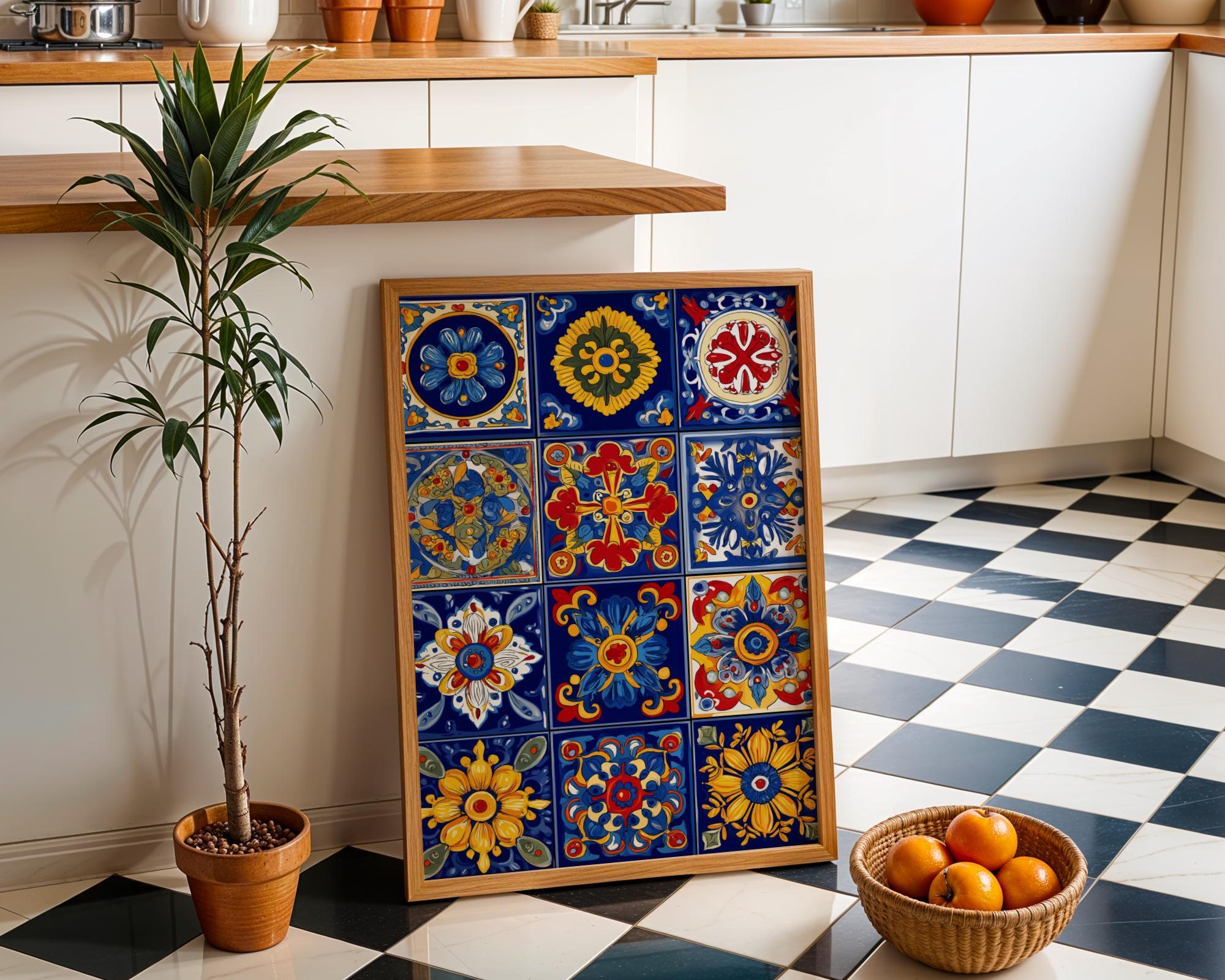 Talavera Tile Mexican Floral Pattern Colourful Folk Wall Art by The Wall Art Studio