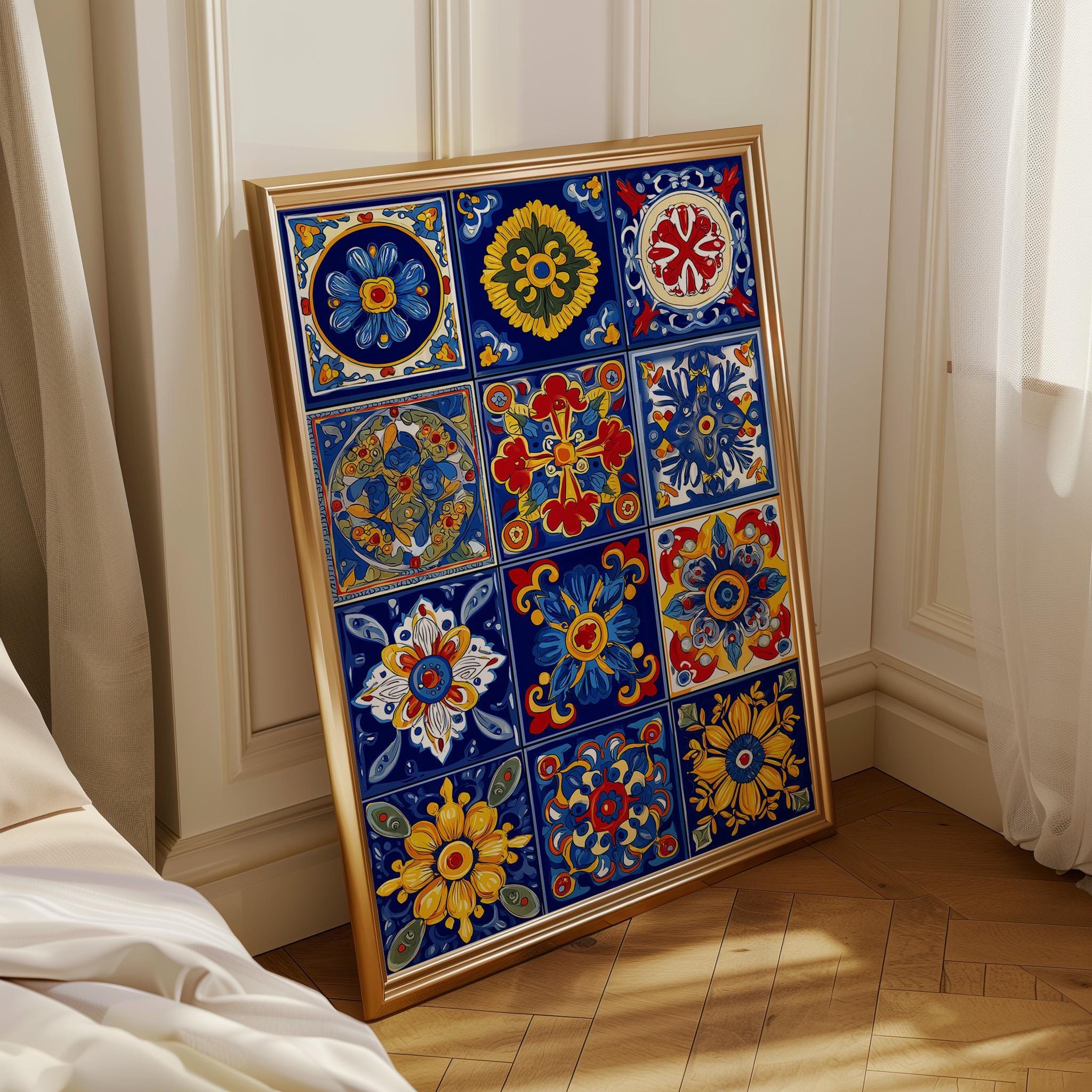Talavera Tile Mexican Floral Pattern Colourful Folk Wall Art by The Wall Art Studio