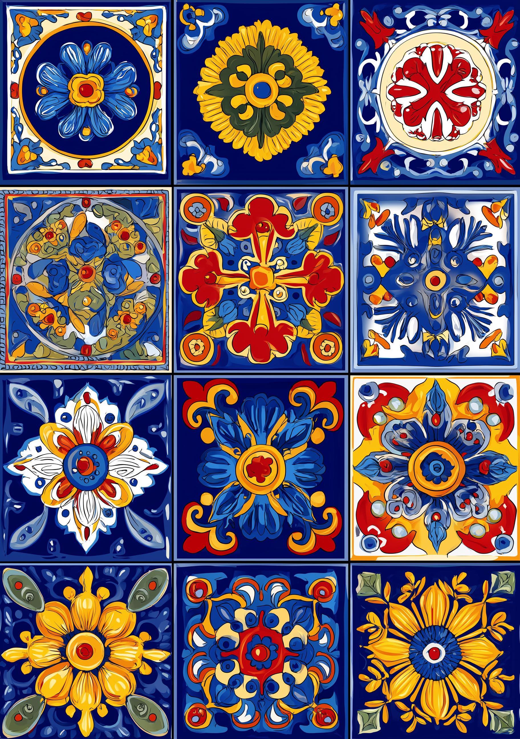 Talavera Tile Mexican Floral Pattern Colourful Folk Wall Art by The Wall Art Studio