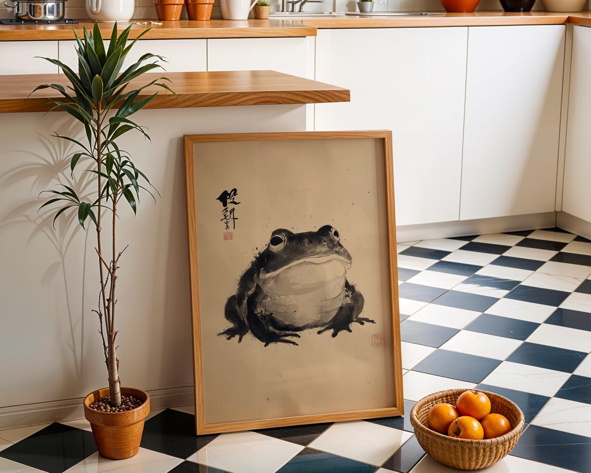 Zen Frog Ink Japanese Sumi-e Black and White Wabi-Sabi Wall Art by The Wall Art Studio