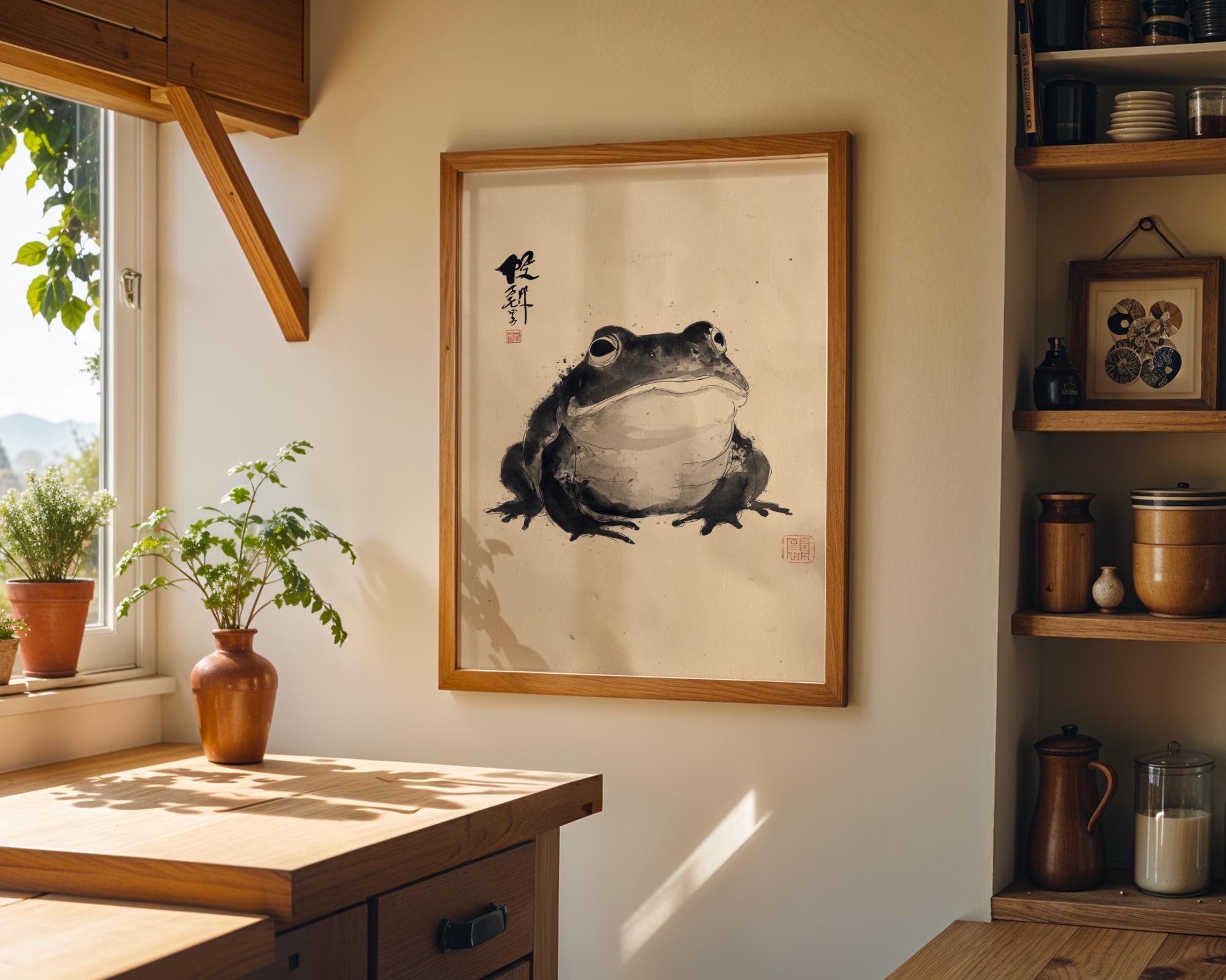Zen Frog Ink Japanese Sumi-e Black and White Wabi-Sabi Wall Art by The Wall Art Studio