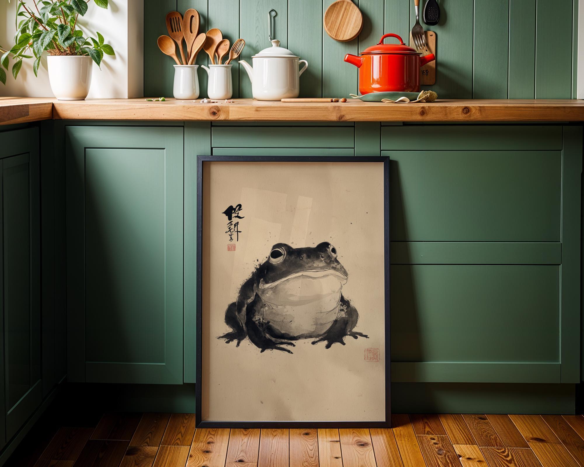 Zen Frog Ink Japanese Sumi-e Black and White Wabi-Sabi Wall Art by The Wall Art Studio