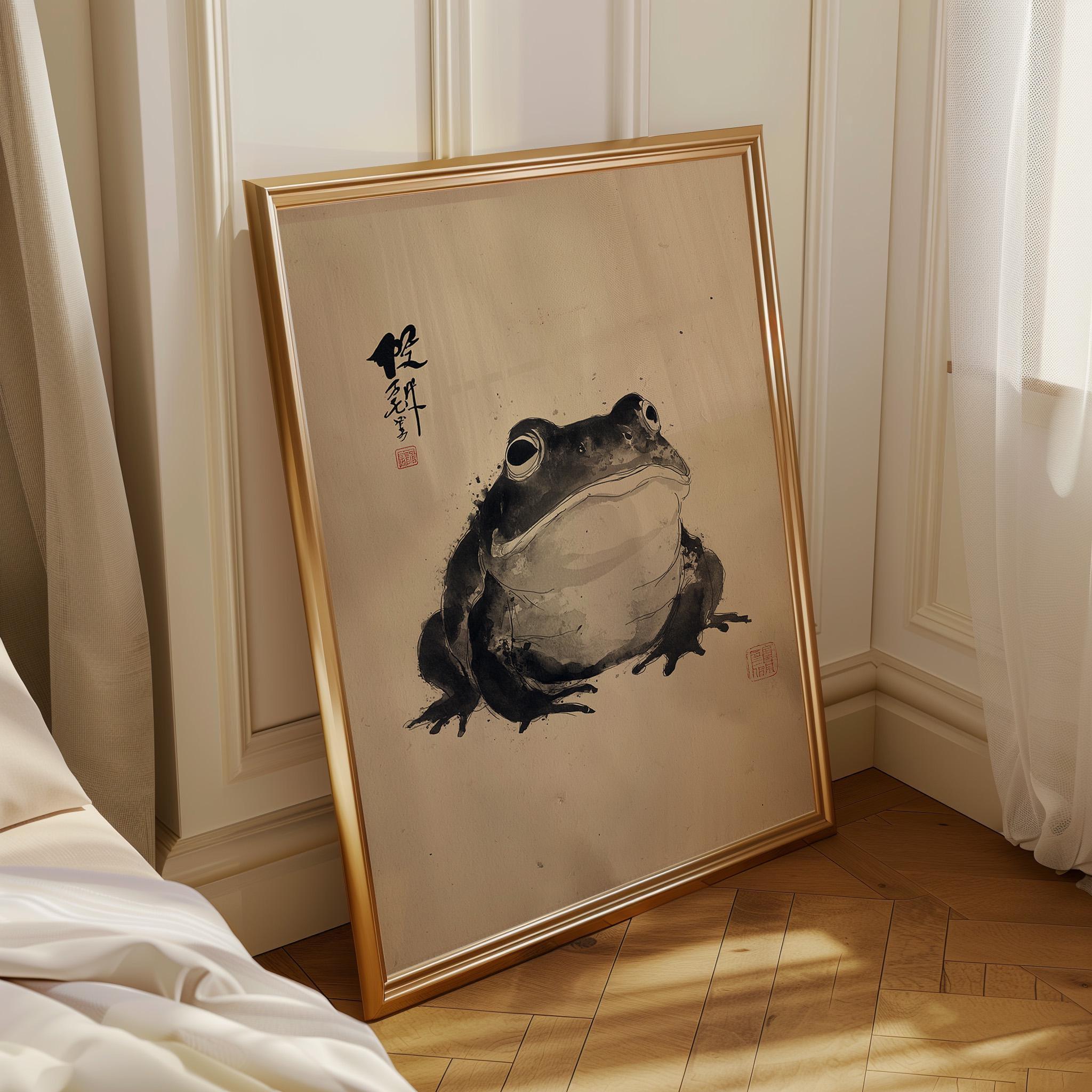 Zen Frog Ink Japanese Sumi-e Black and White Wabi-Sabi Wall Art by The Wall Art Studio