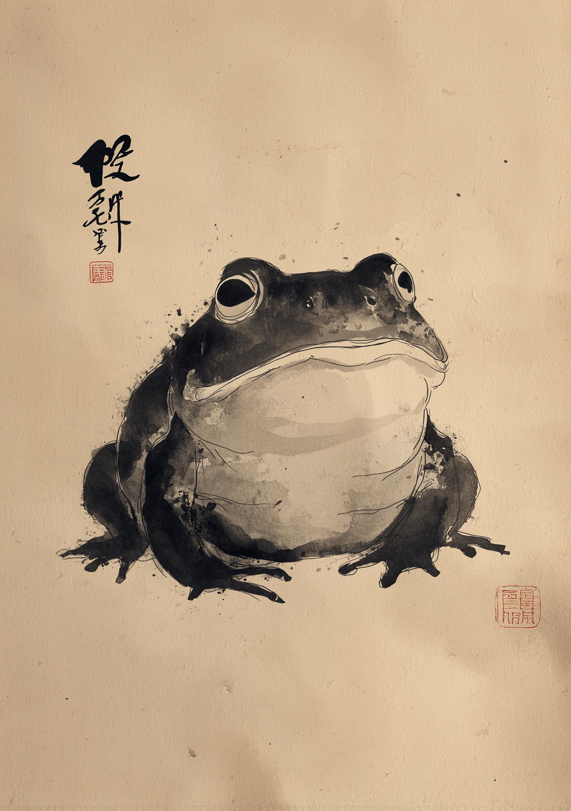 Zen Frog Ink Japanese Sumi-e Black and White Wabi-Sabi Wall Art by The Wall Art Studio