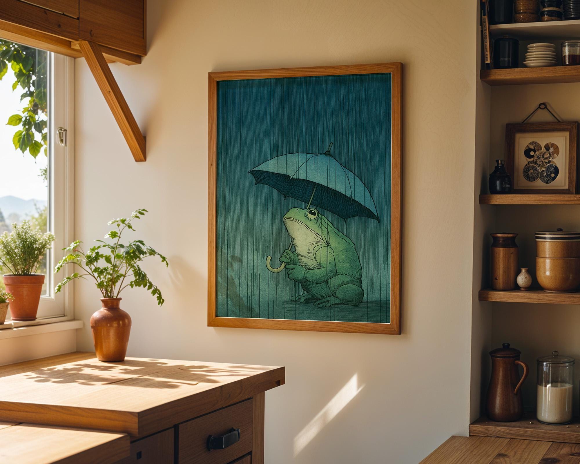 Frog With Umbrella Wall Art Japanese Style Moody Rain Wall Art by The Wall Art Studio