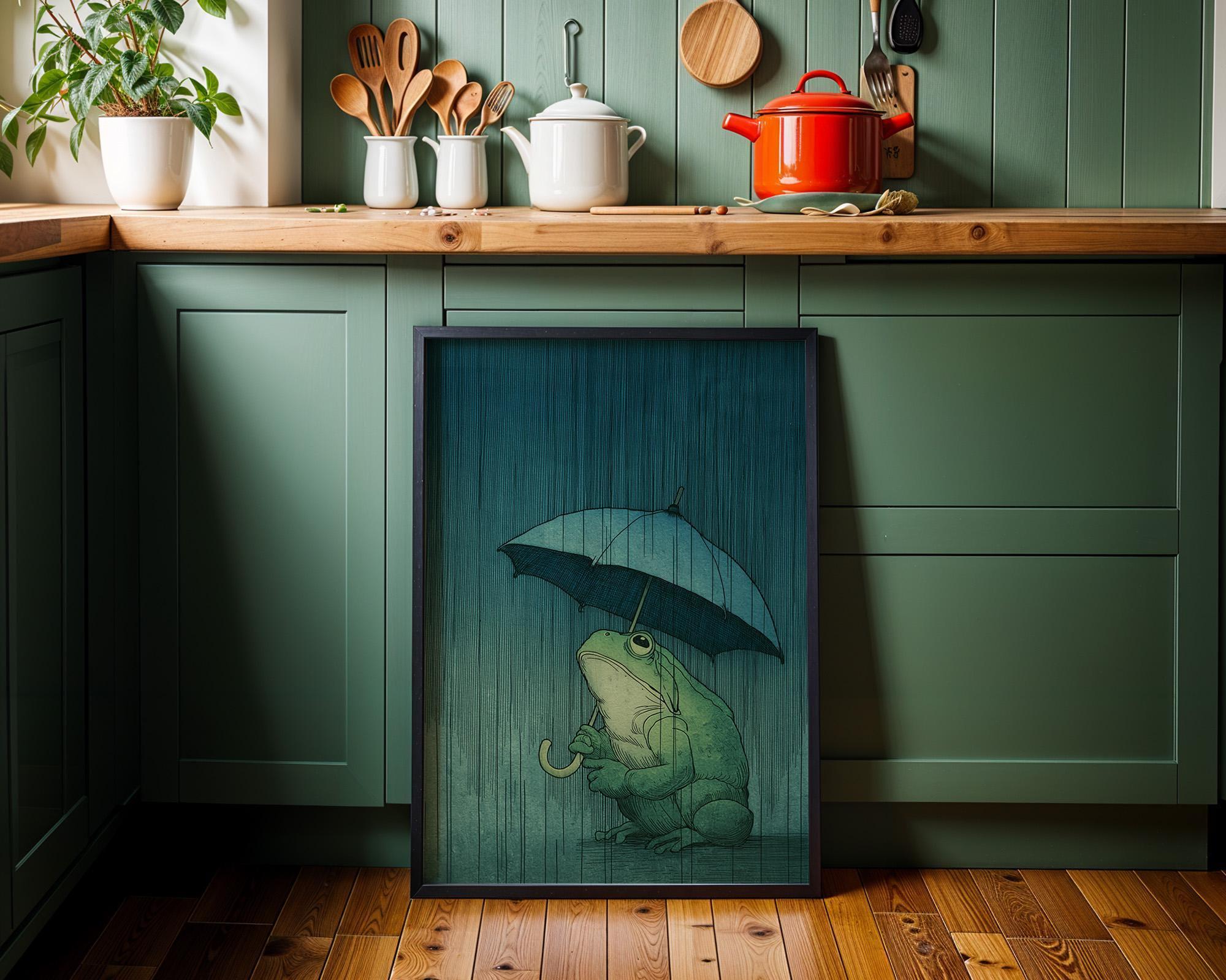 Frog With Umbrella Wall Art Japanese Style Moody Rain Wall Art by The Wall Art Studio