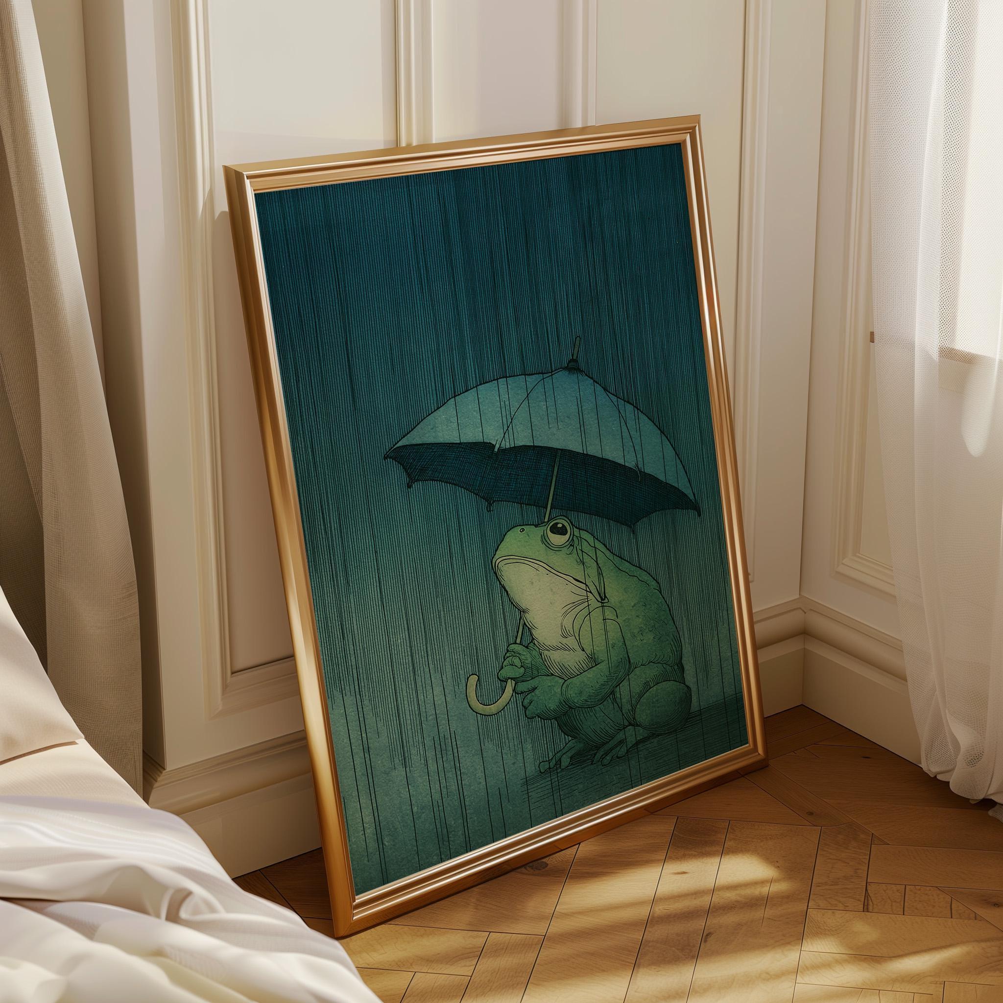Frog With Umbrella Wall Art Japanese Style Moody Rain Wall Art by The Wall Art Studio