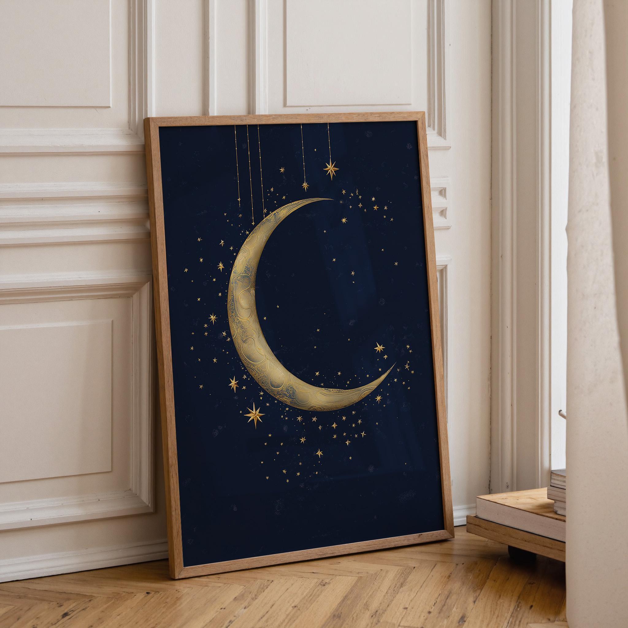 Islamic Crescent Moon Ramadan Decor Gold Starry Night Celestial Wall Art by The Wall Art Studio