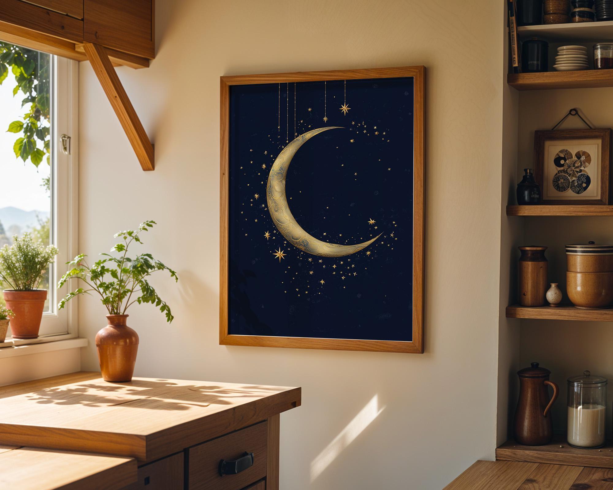 Islamic Crescent Moon Ramadan Decor Gold Starry Night Celestial Wall Art by The Wall Art Studio