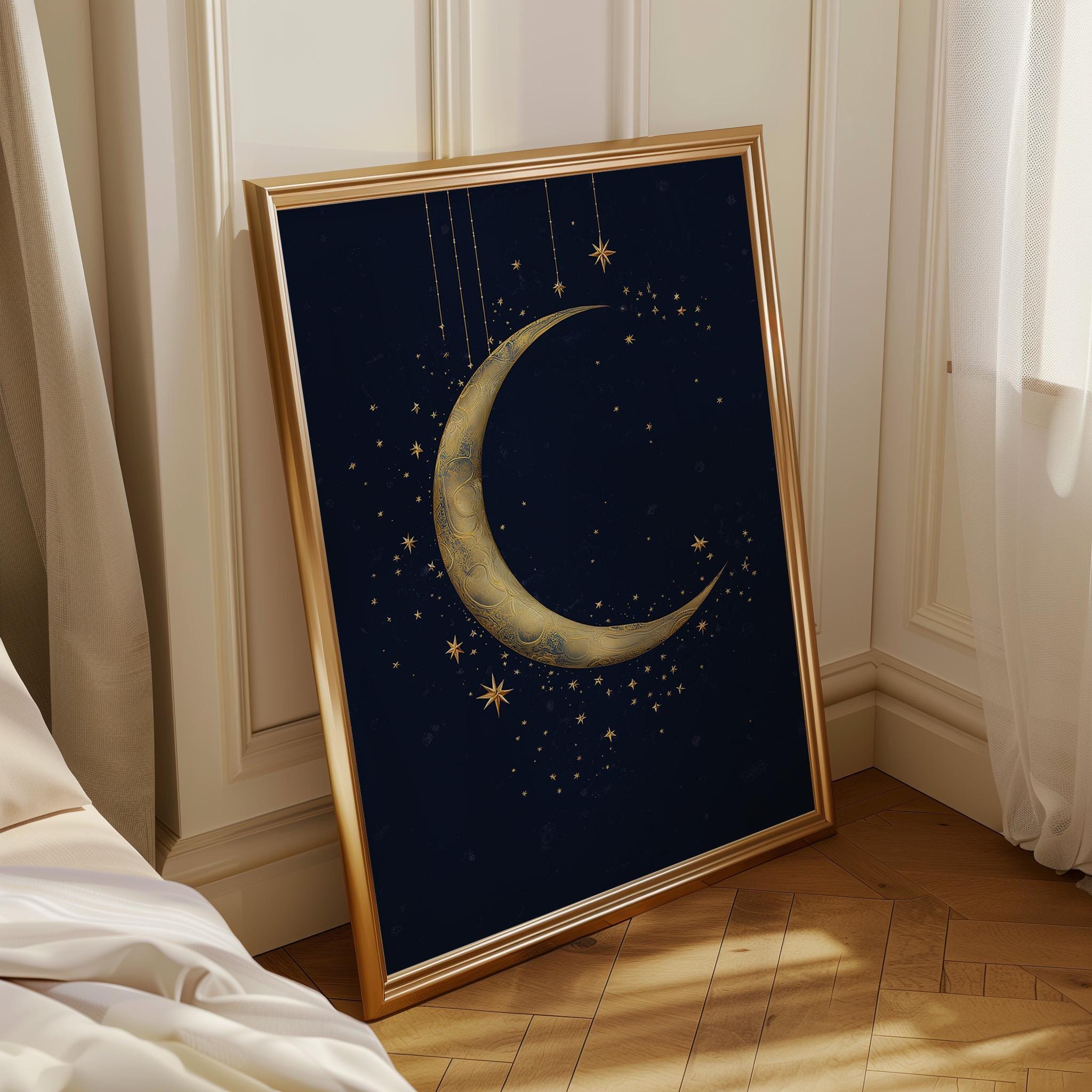 Islamic Crescent Moon Ramadan Decor Gold Starry Night Celestial Wall Art by The Wall Art Studio