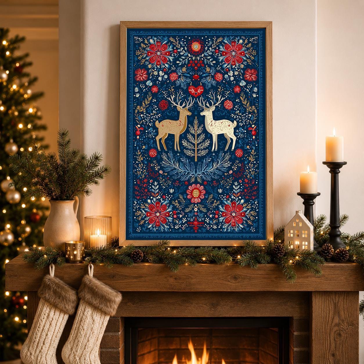 Scandinavian Christmas Nordic Folk Art Reindeer Blue & Red Wall Art by The Wall Art Studio