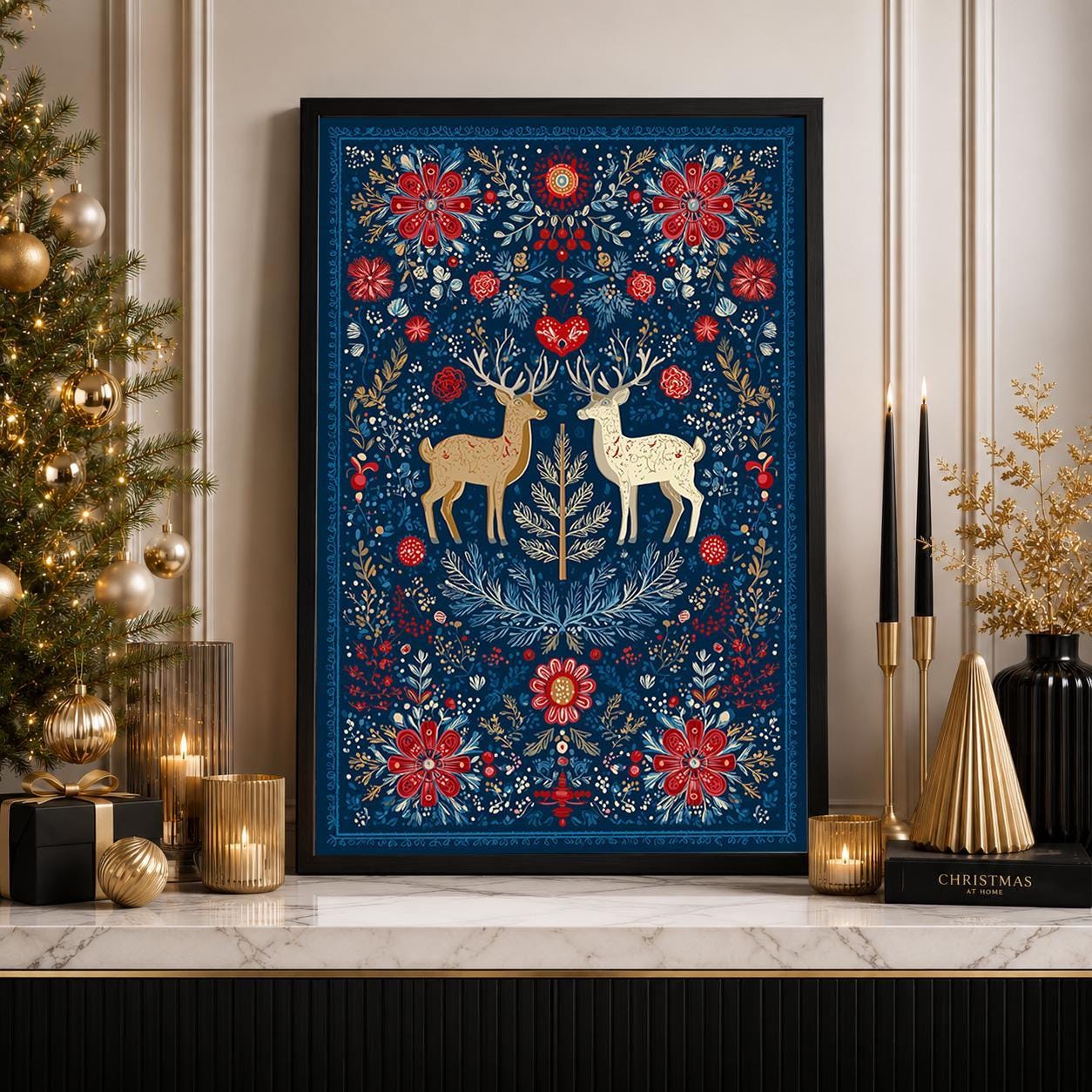 Scandinavian Christmas Nordic Folk Art Reindeer Blue & Red Wall Art by The Wall Art Studio
