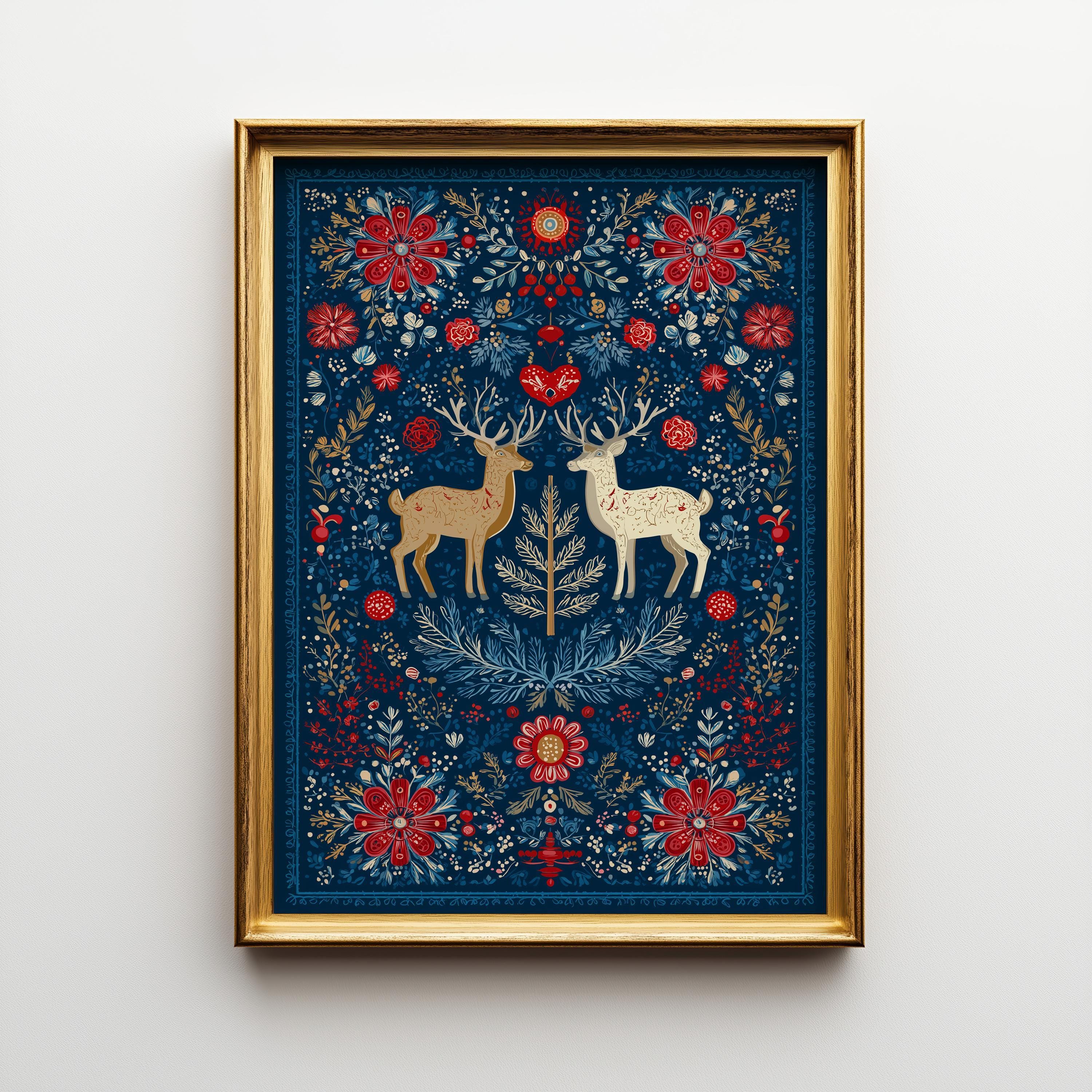 Scandinavian Christmas Nordic Folk Art Reindeer Blue & Red Wall Art by The Wall Art Studio