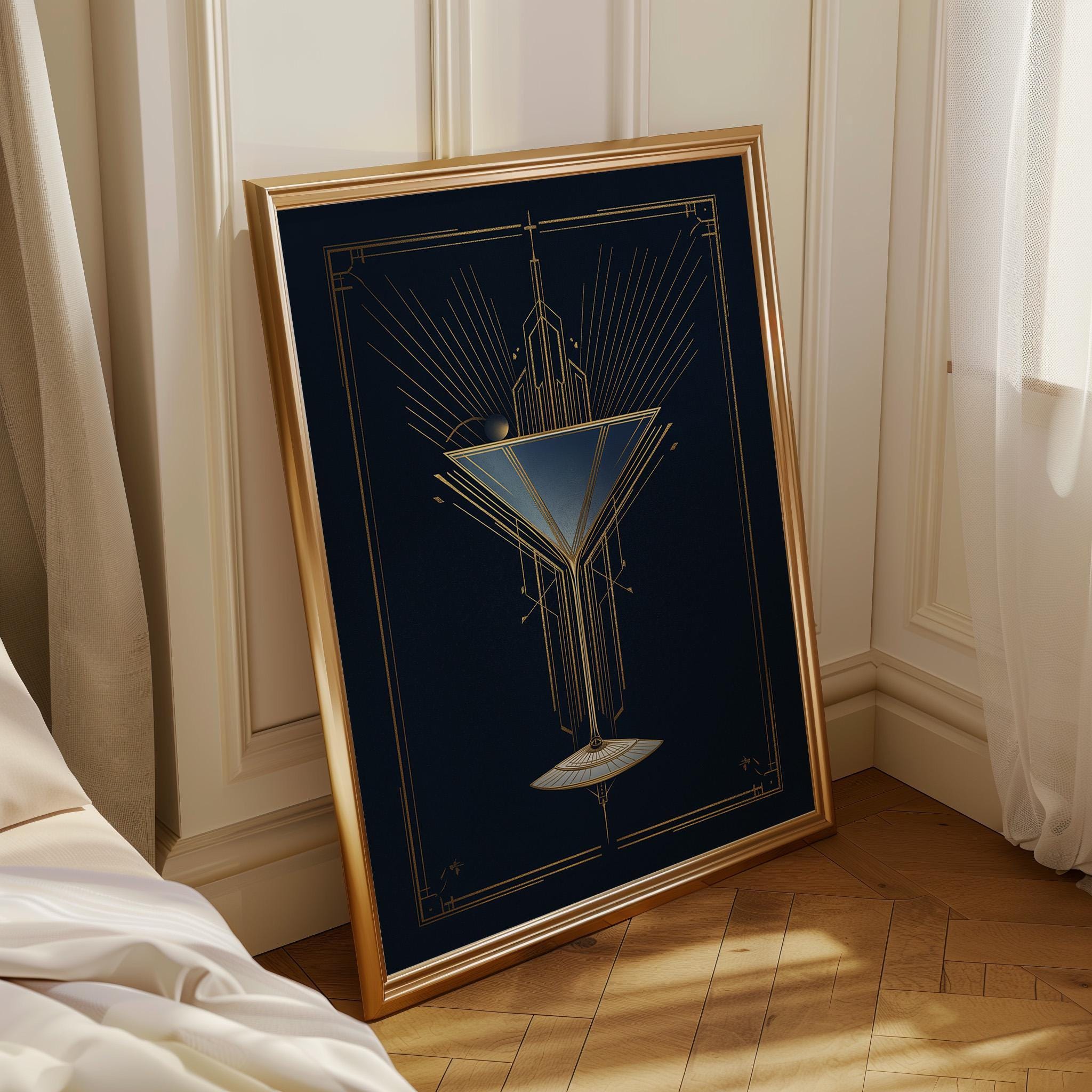 Art Deco Cocktail Wall Art Print, Minimalist Martini Illustration, Blue and Gold Bar Décor