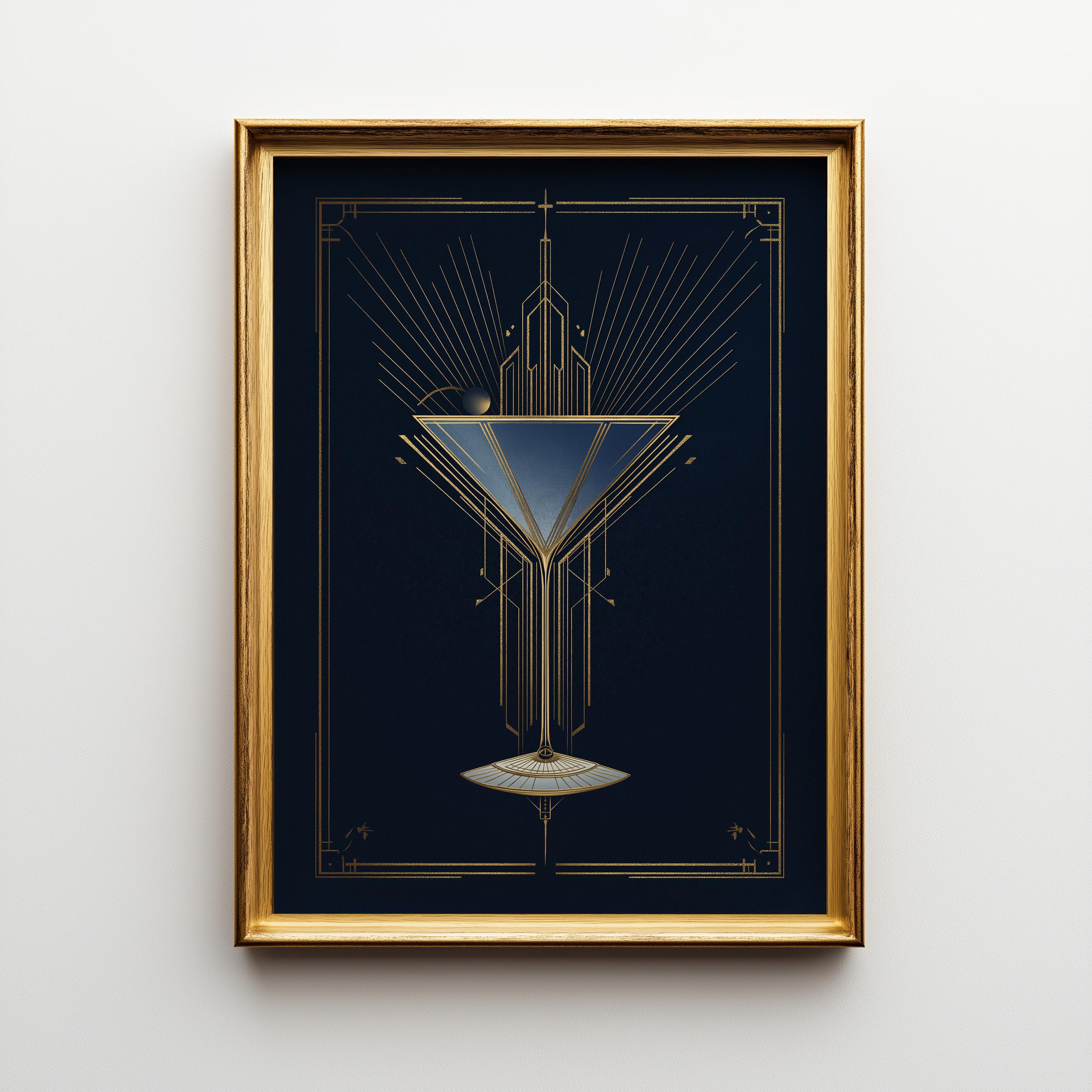 Art Deco Cocktail Wall Art Print, Minimalist Martini Illustration, Blue and Gold Bar Décor