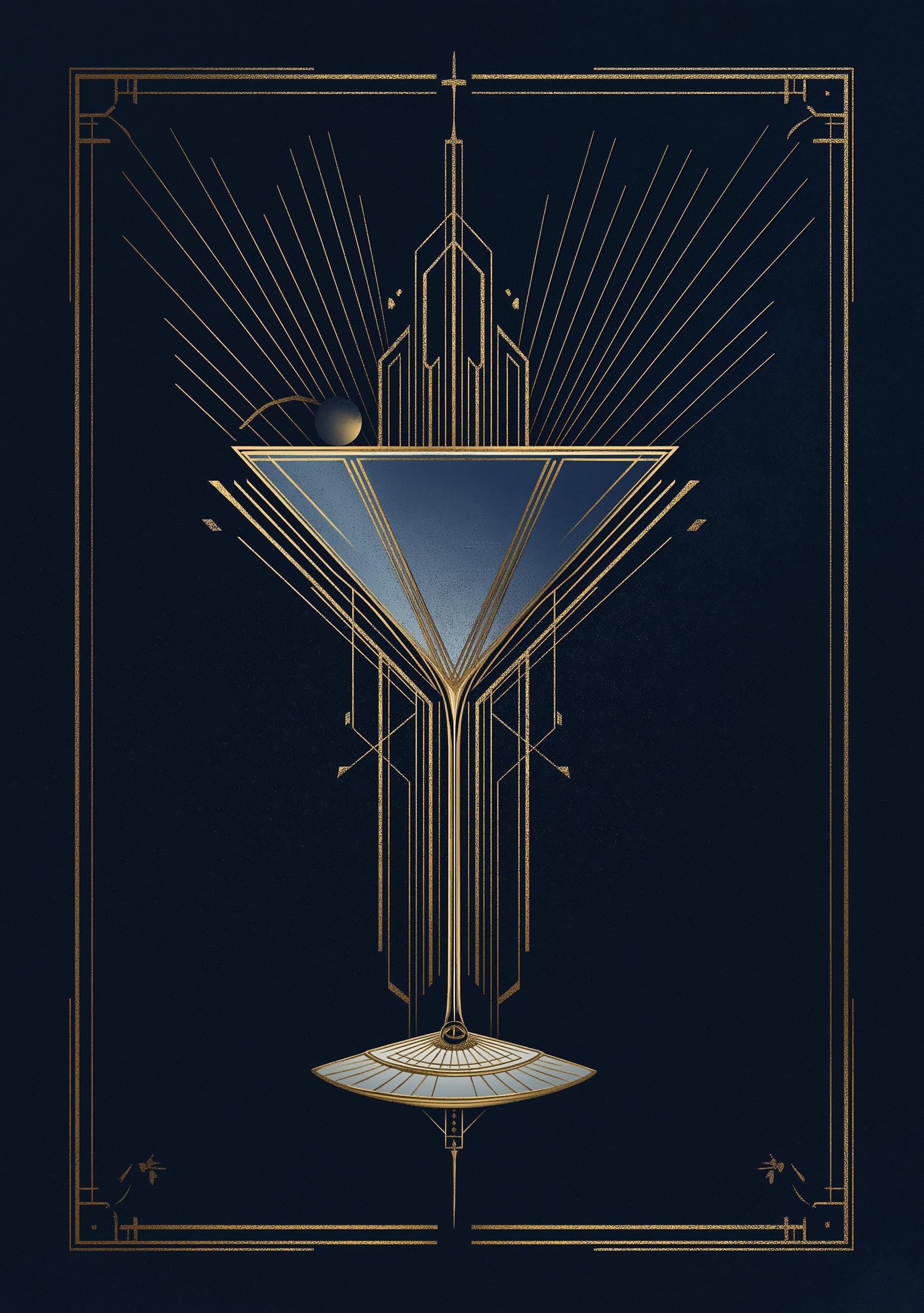 Art Deco Cocktail Wall Art Print, Minimalist Martini Illustration, Blue and Gold Bar Décor
