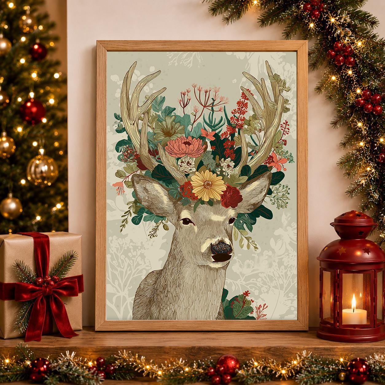 Floral Deer Scandinavian Christmas Wall Art by The Wall Art Studio