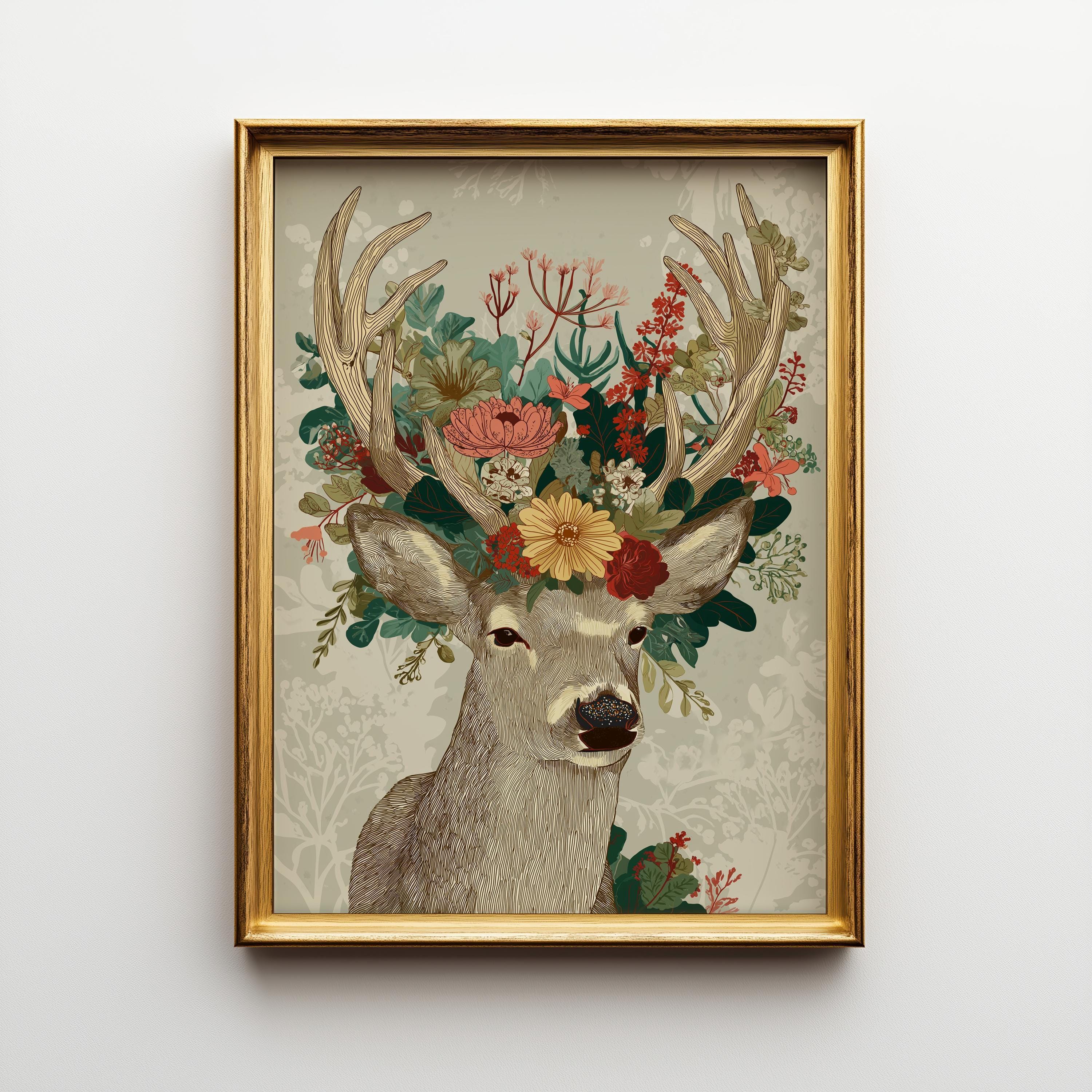 Floral Deer Scandinavian Christmas Wall Art by The Wall Art Studio