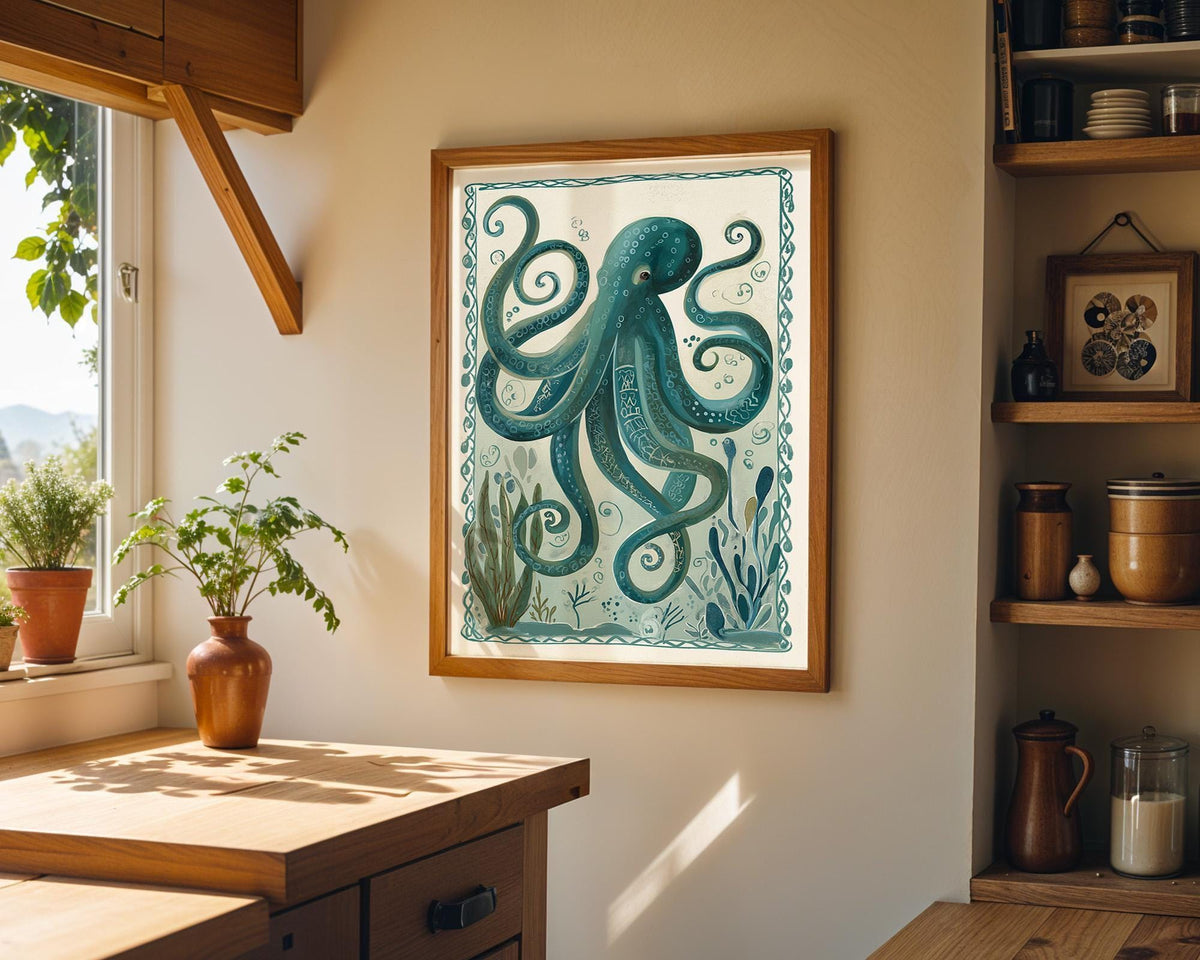 Teal Octopus Coastal Ocean Nautical Sea Life Wall Art