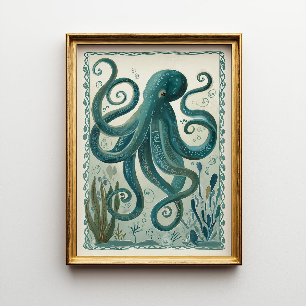 Teal Octopus Coastal Ocean Nautical Sea Life Wall Art