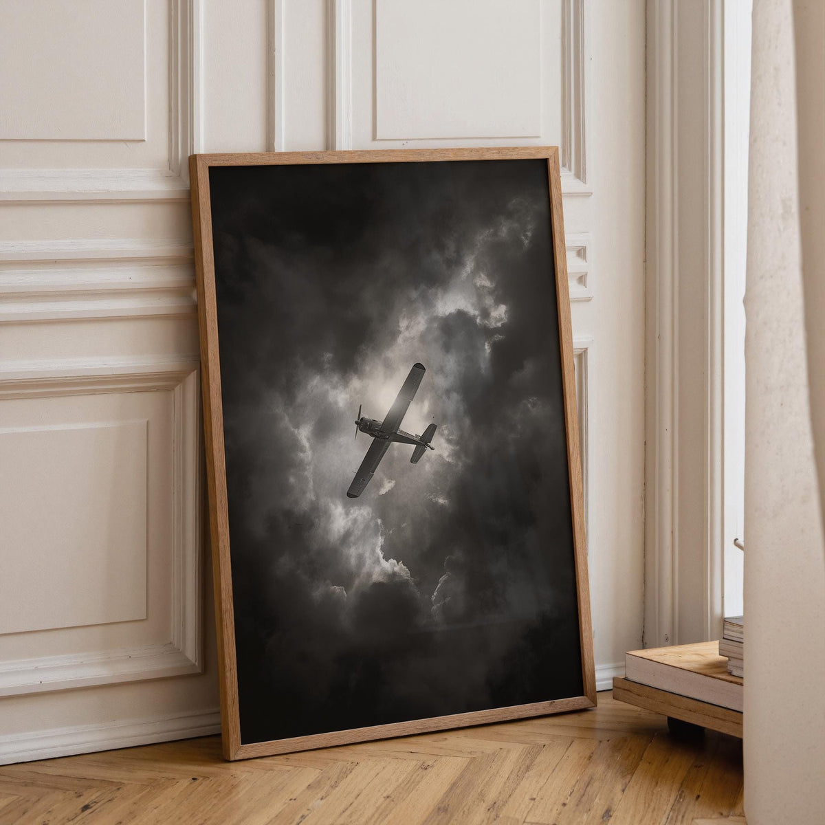 Black and White Airplane Moody Aviation Dramatic Storm Sky Wall Art