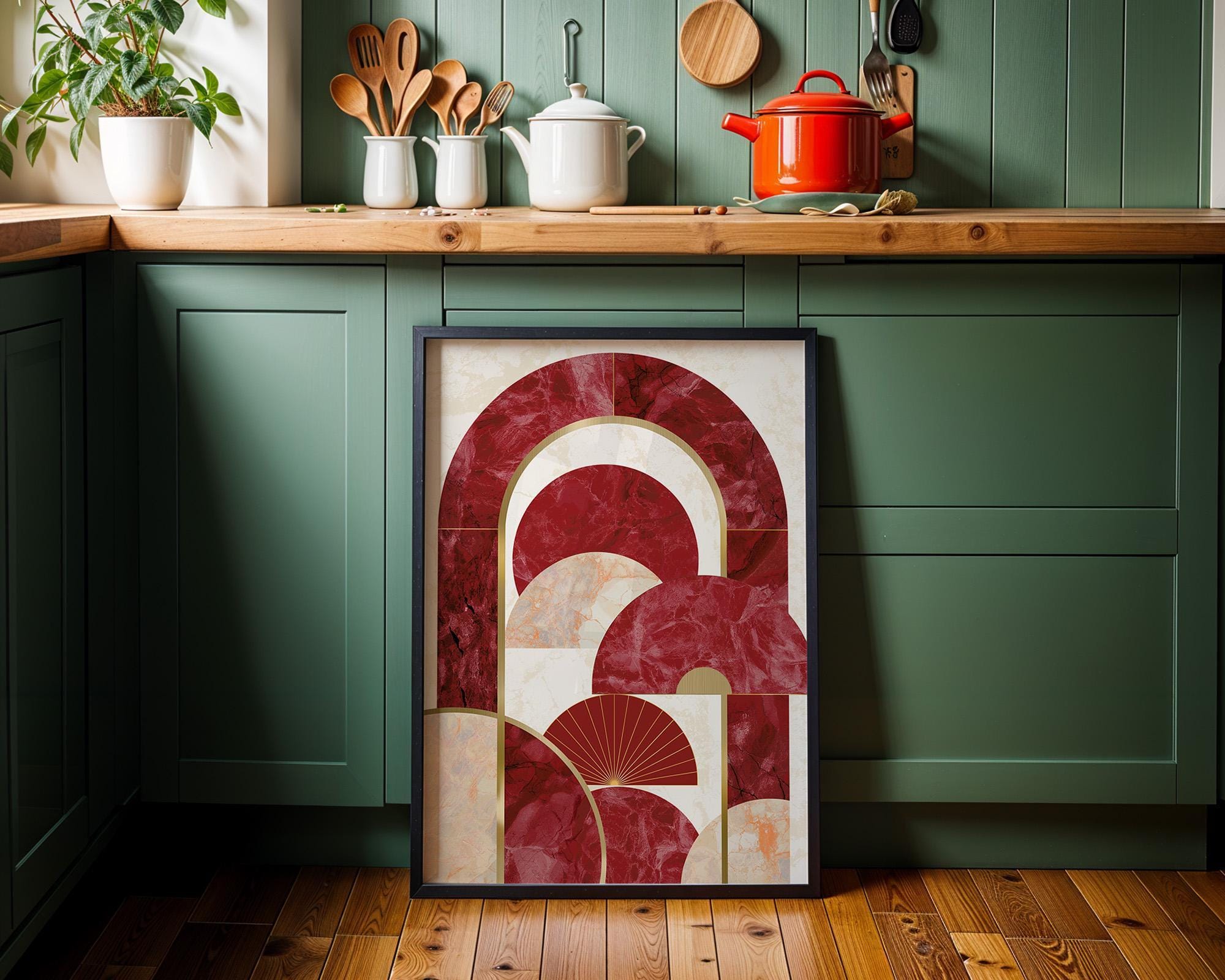 Neo Deco Burgundy Luxury Marble Abstract Geometric Arch Wall Art by The Wall Art Studio