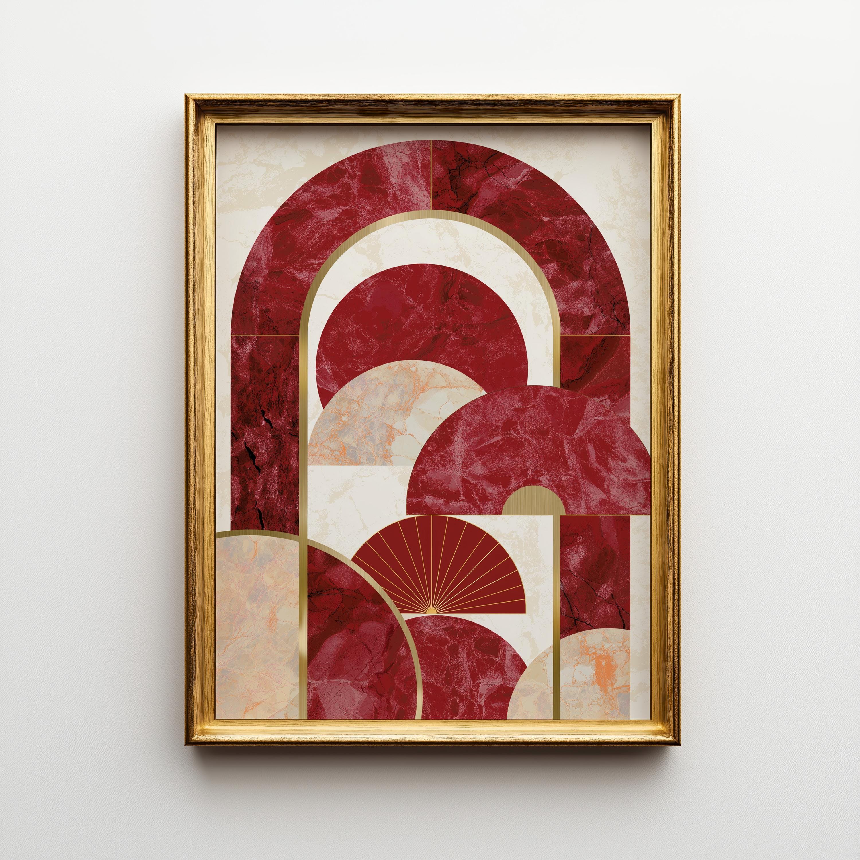 Neo Deco Burgundy Luxury Marble Abstract Geometric Arch Wall Art by The Wall Art Studio