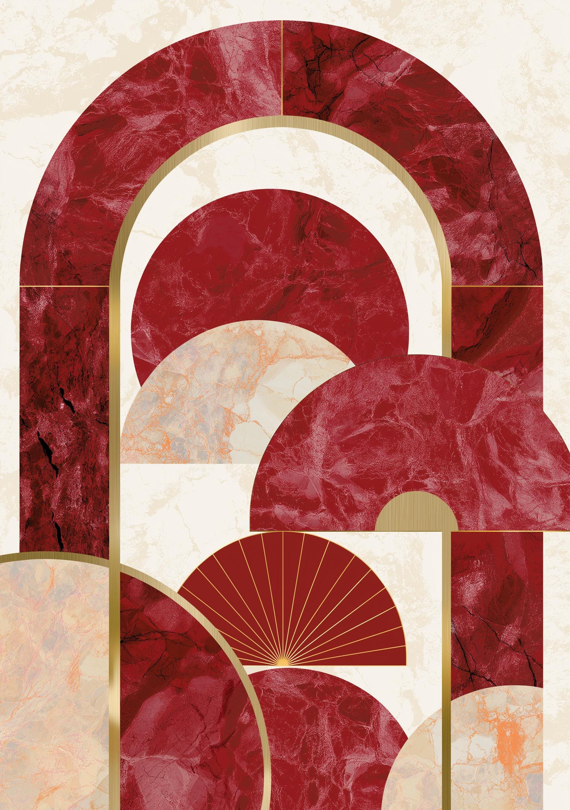 Neo Deco Burgundy Luxury Marble Abstract Geometric Arch Wall Art by The Wall Art Studio