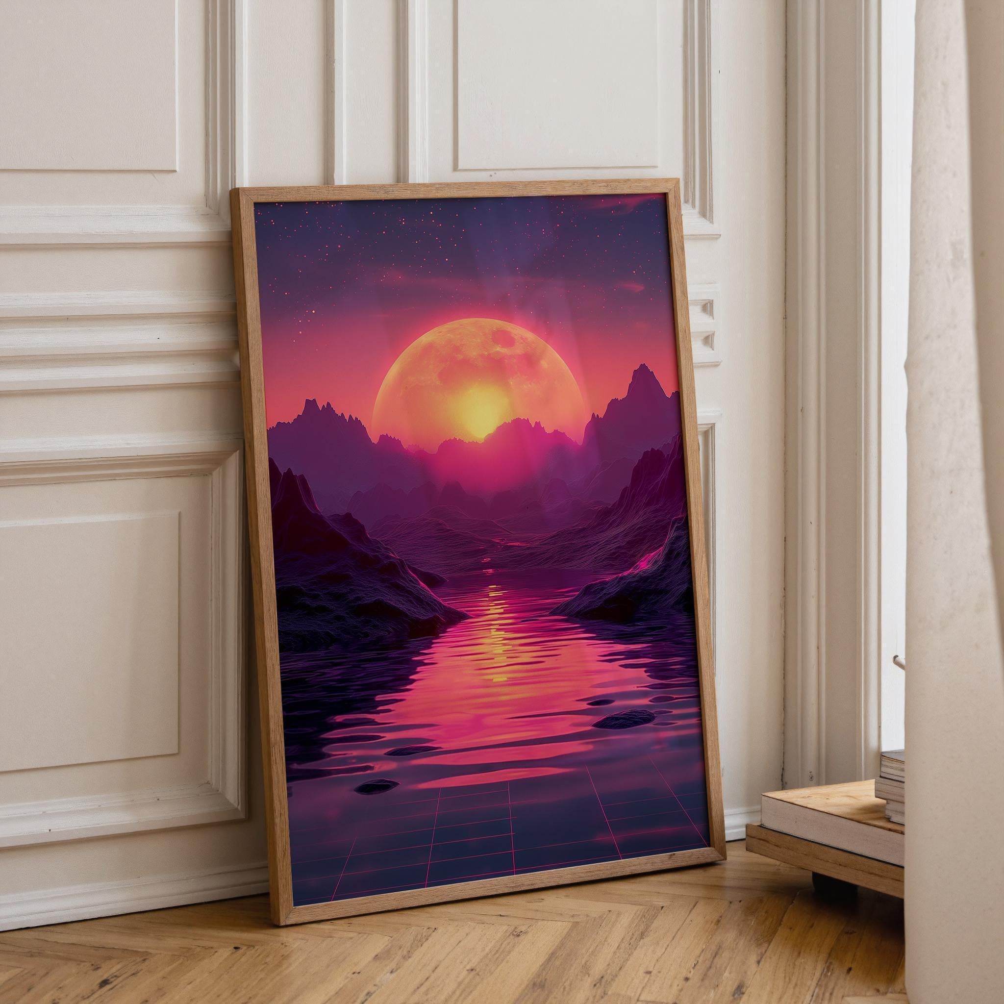 1980s Synthwave Sunset Mountain Wall Art by The Wall Art Studio