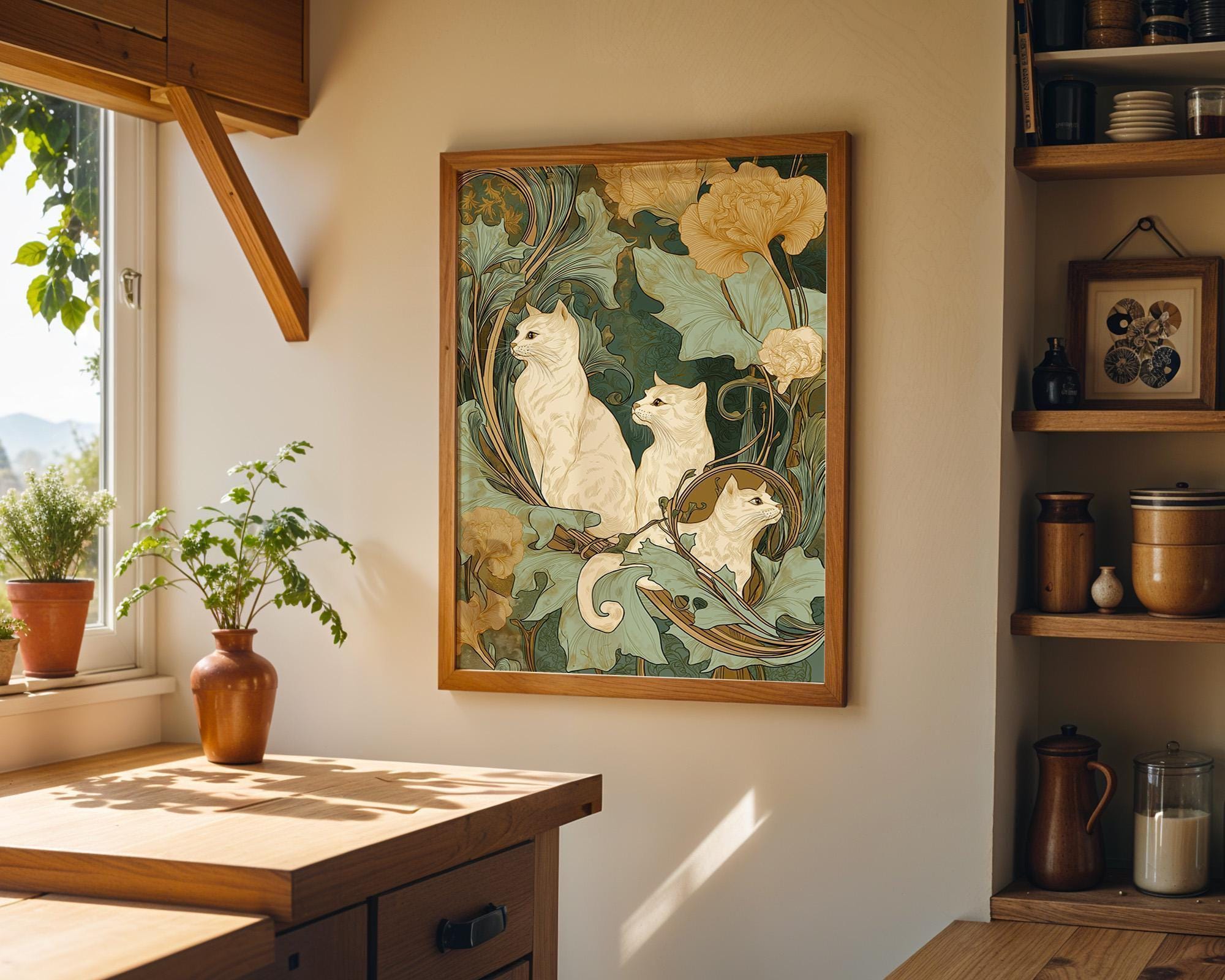 Art Nouveau Cat Botanical Feline William Morris Style Wall Art