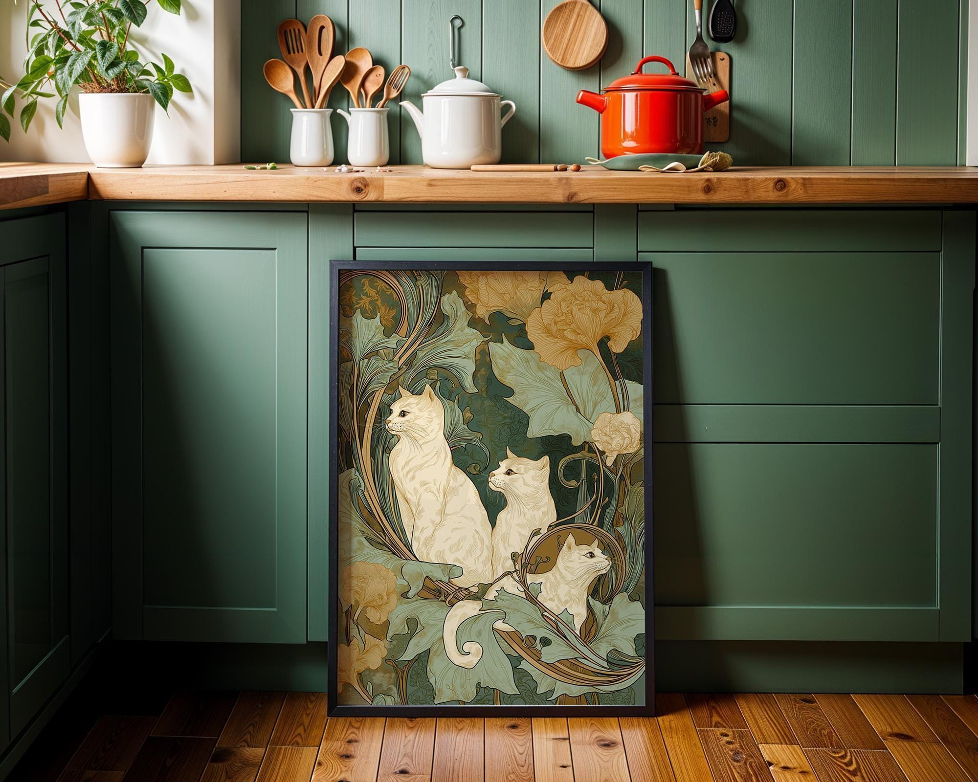 Art Nouveau Cat Botanical Feline William Morris Style Wall Art