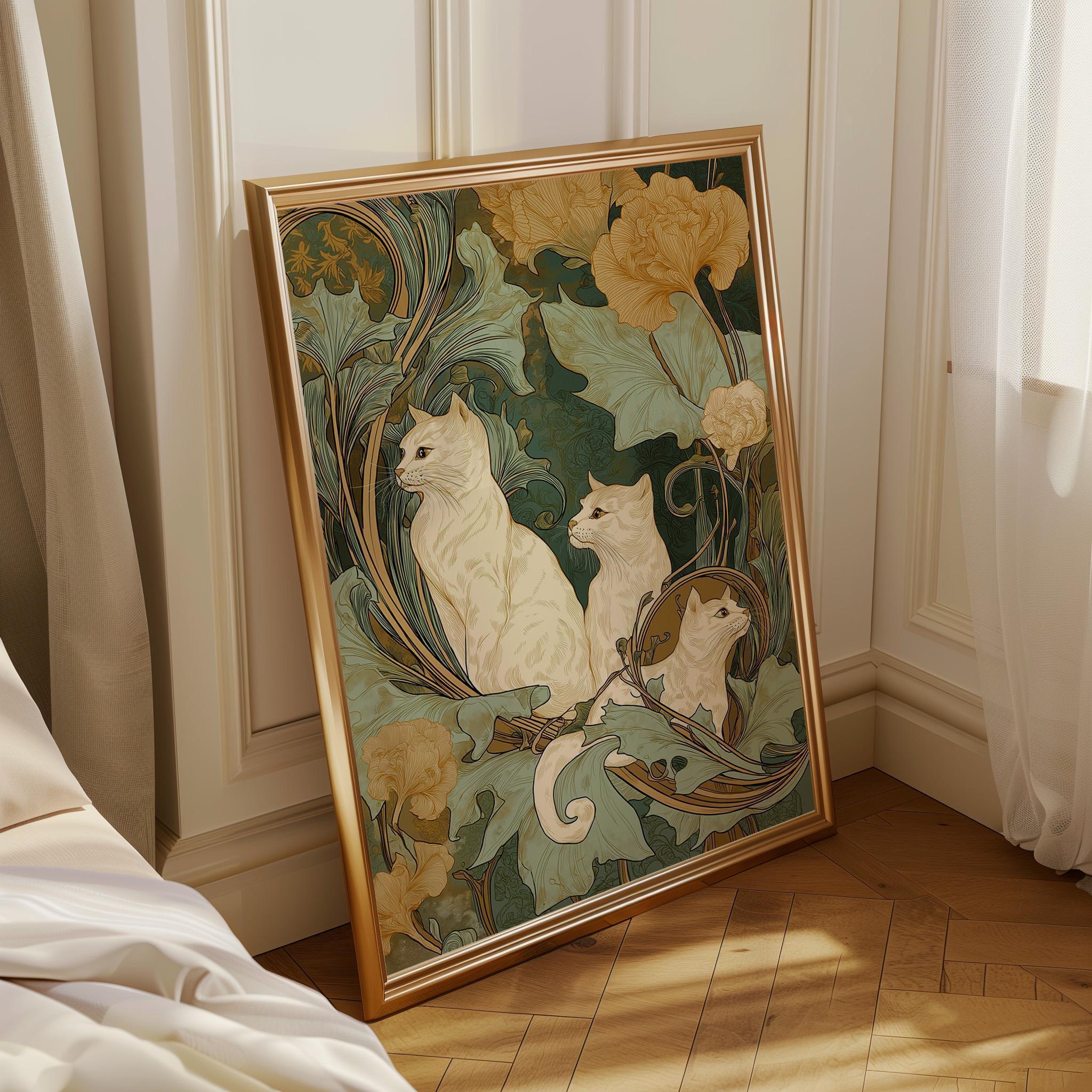 Art Nouveau Cat Botanical Feline William Morris Style Wall Art