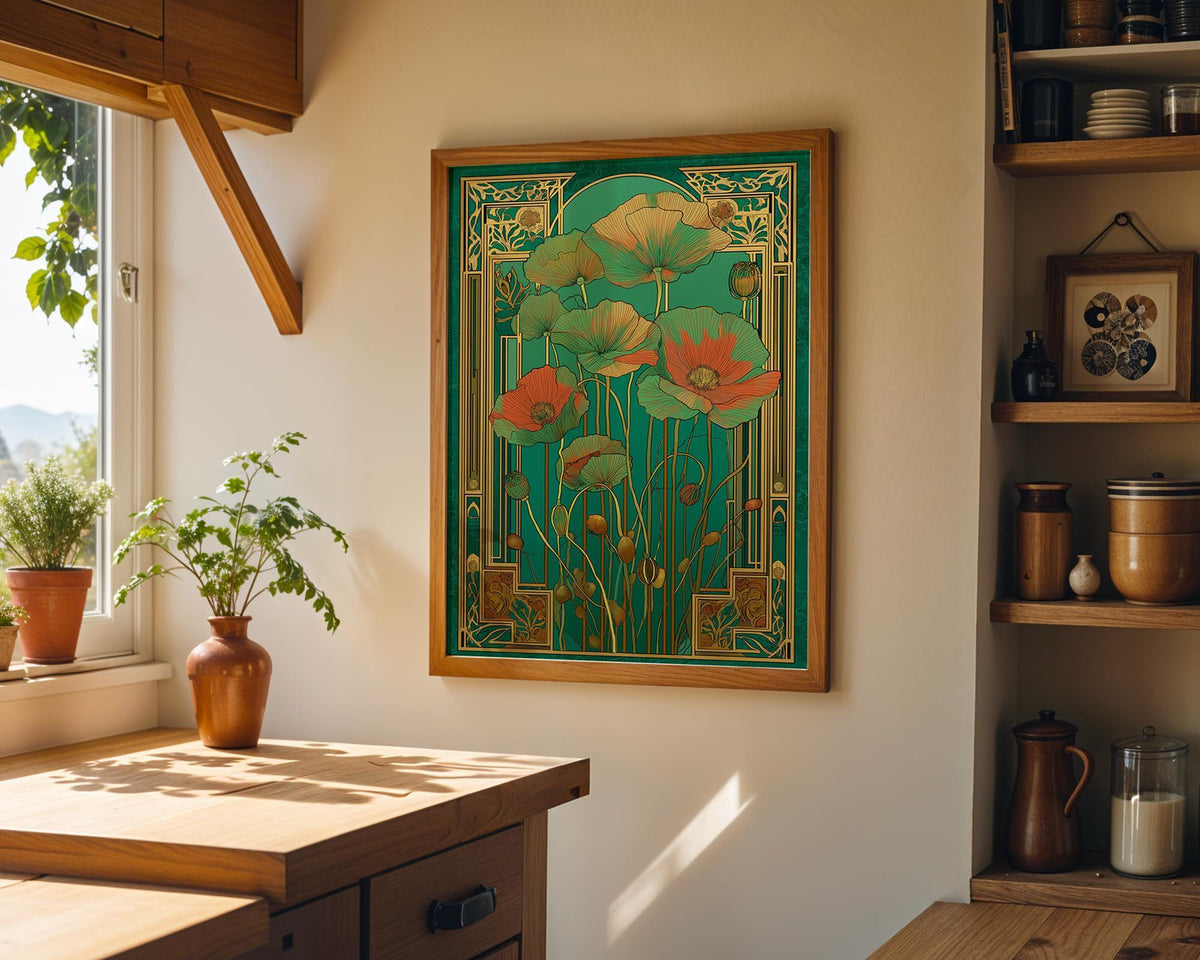 Green and Gold Botanical Art Nouveau Floral Vintage Wall Art by The Wall Art Studio - physical