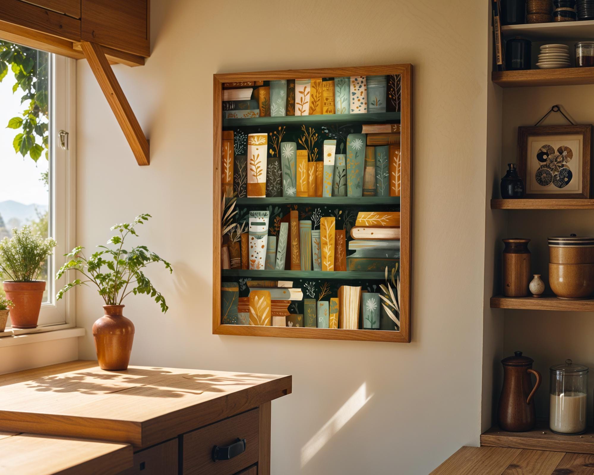 Floral Bookshelf Botanical Book Lover Whimsical Library Wall Art by The Wall Art Studio
