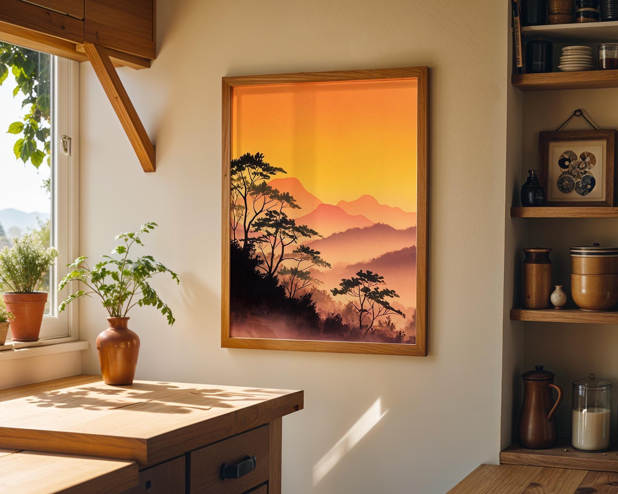 Sunset Japanese Mountain Warm Orange Forest Wall Art by The Wall Art Studio