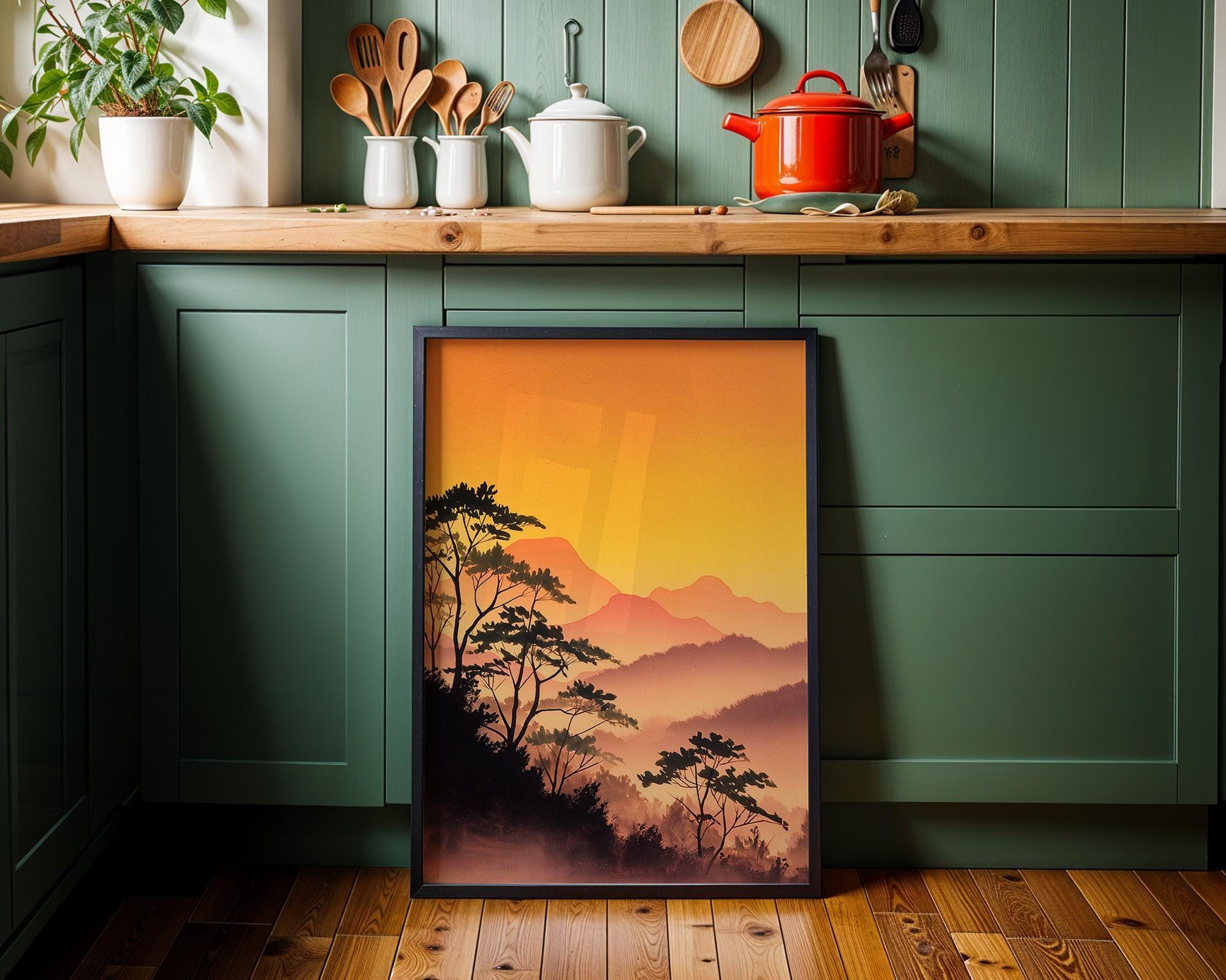 Sunset Japanese Mountain Warm Orange Forest Wall Art by The Wall Art Studio