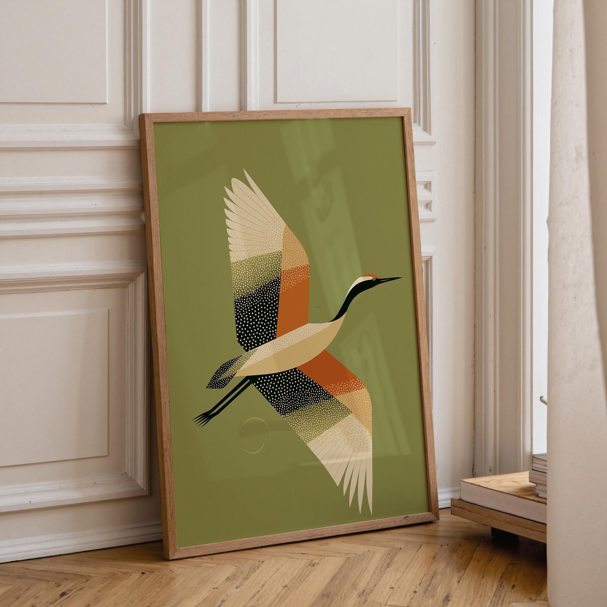 Mid Century Modern Crane Retro 1960s Wildlife Olive Green Wall Art by The Wall Art Studio