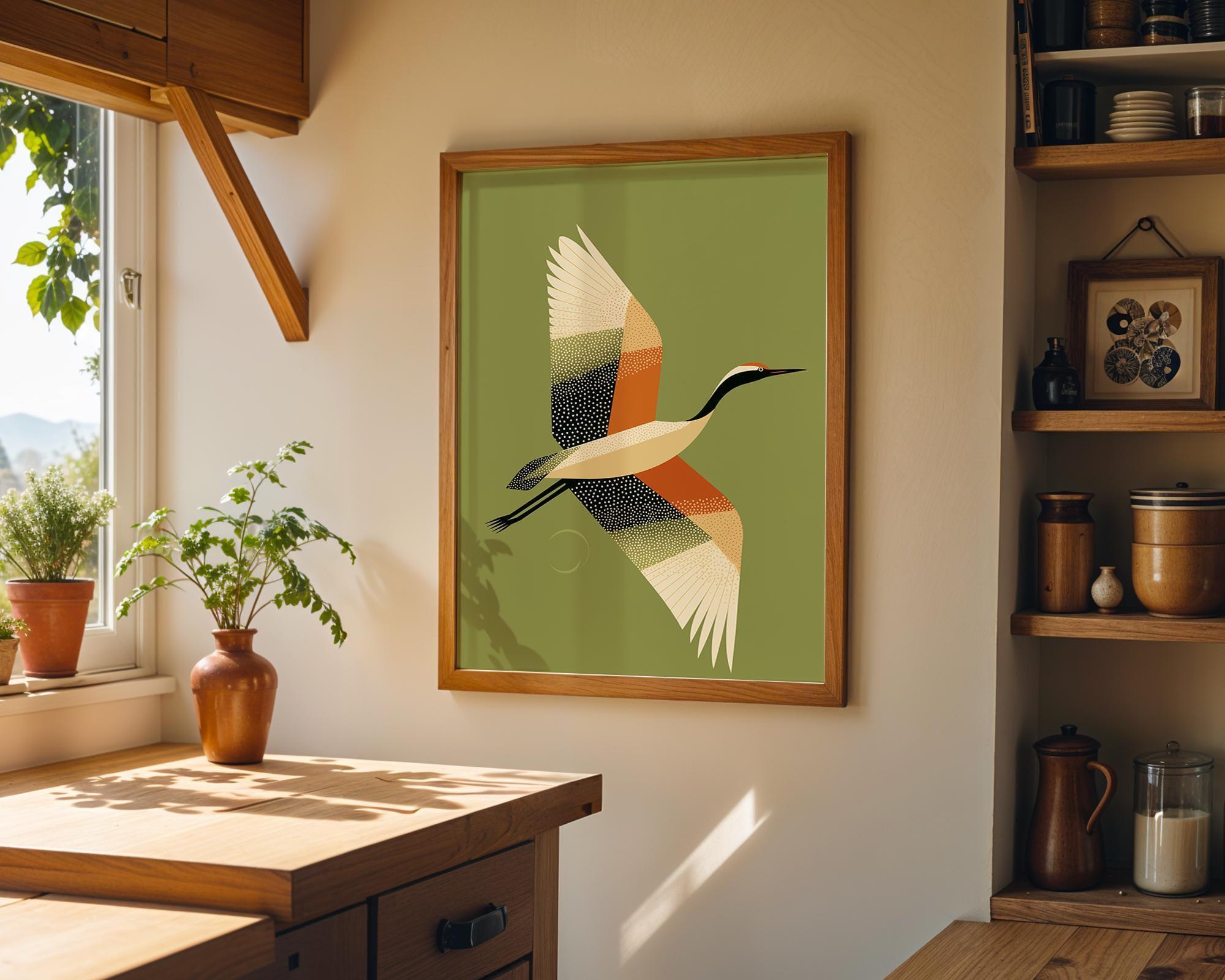 Mid Century Modern Crane Retro 1960s Wildlife Olive Green Wall Art by The Wall Art Studio