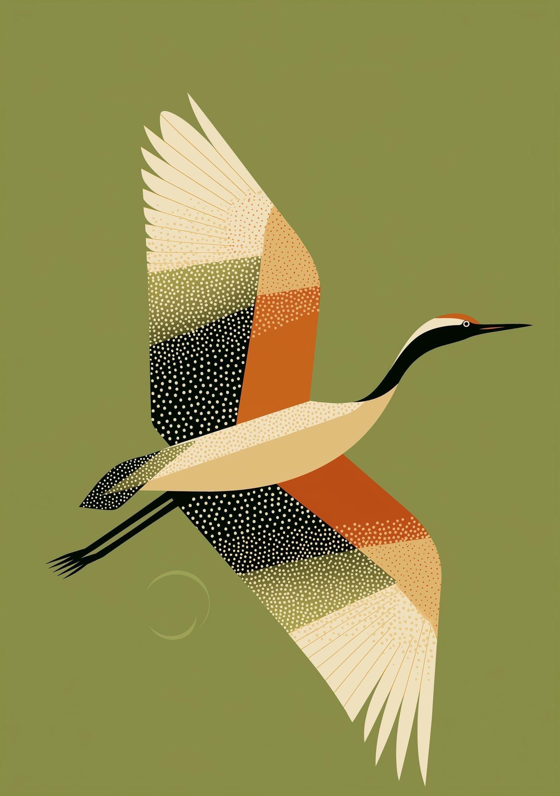 Mid Century Modern Crane Retro 1960s Wildlife Olive Green Wall Art by The Wall Art Studio