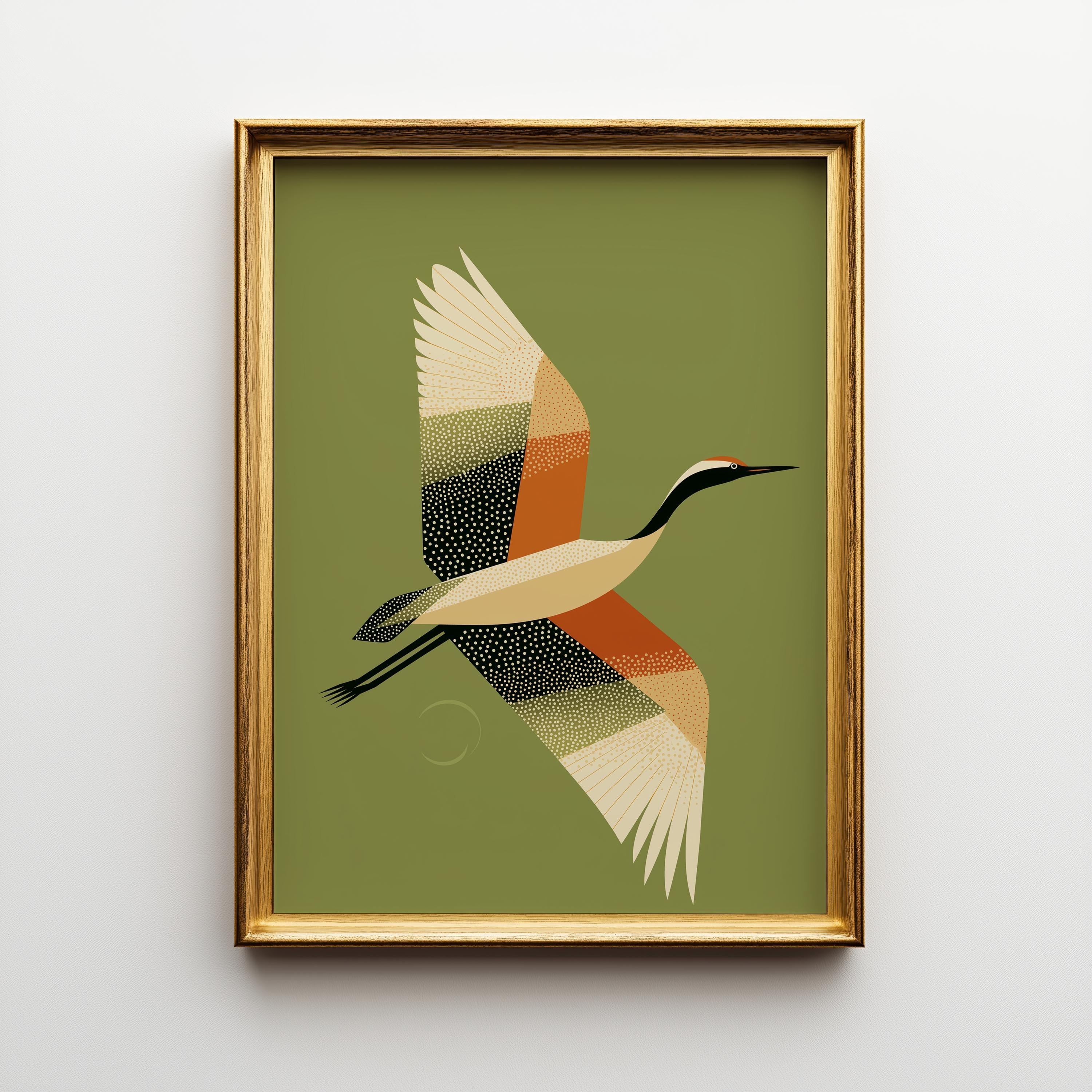 Mid Century Modern Crane Retro 1960s Wildlife Olive Green Wall Art by The Wall Art Studio
